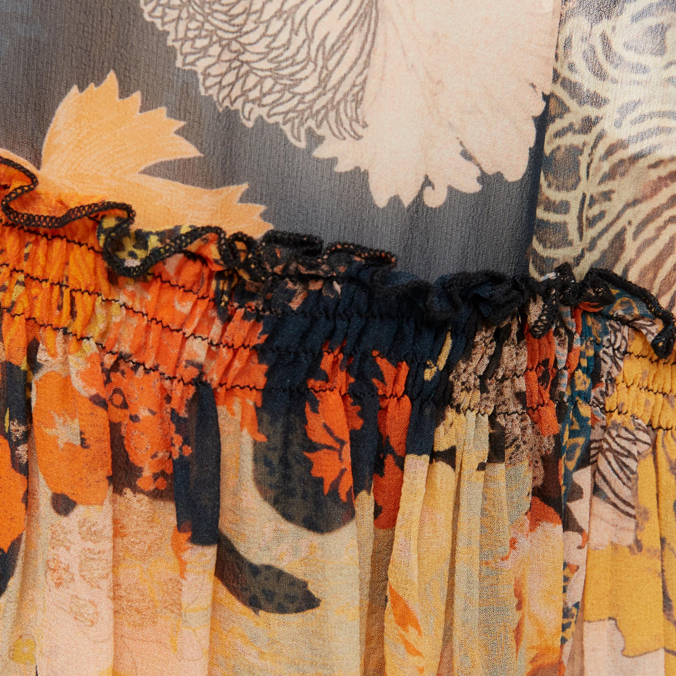 DRIES VAN NOTEN black orange Japonaise floral tiered ruffle silk dress FR34 XS For Sale 2