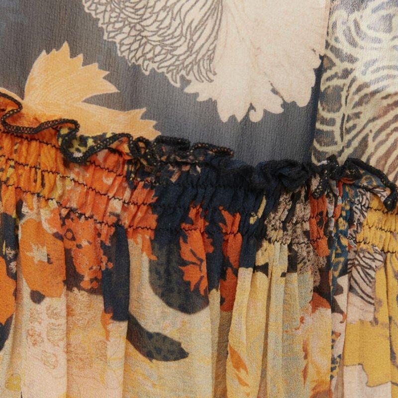 DRIES VAN NOTEN negro naranja Japonaise floral con volantes vestido de seda FR34 XS en venta 4
