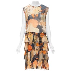 DRIES VAN NOTEN black orange Japonaise floral tiered ruffle silk dress FR34 XS