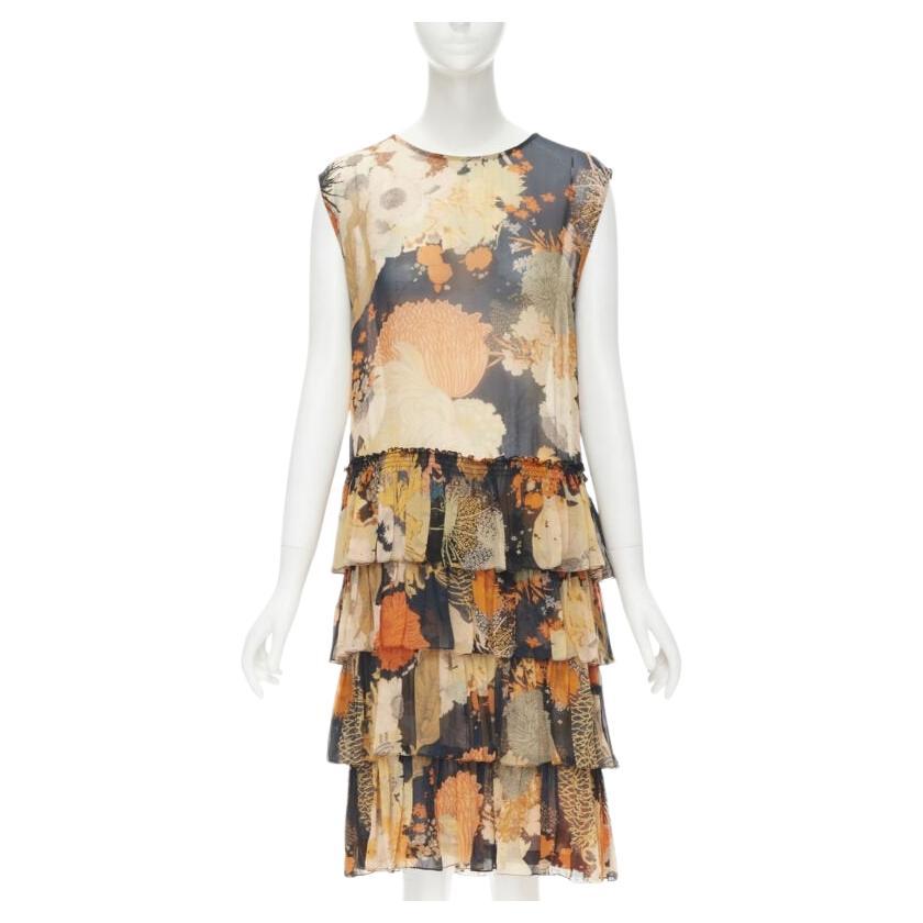 DRIES VAN NOTEN negro naranja Japonaise floral con volantes vestido de seda FR34 XS en venta