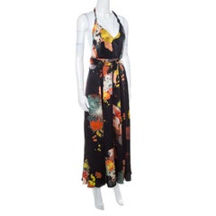 Dries van Noten Black Oriental Floral Printed Silk Halter Maxi Dress S