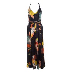 Dries van Noten Black Oriental Floral Printed Silk Halter Maxi Dress S