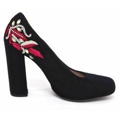 DRIES VAN NOTEN Pumps Beaded Black Fabric Leather Square Toe Heel Sz 40 NEW