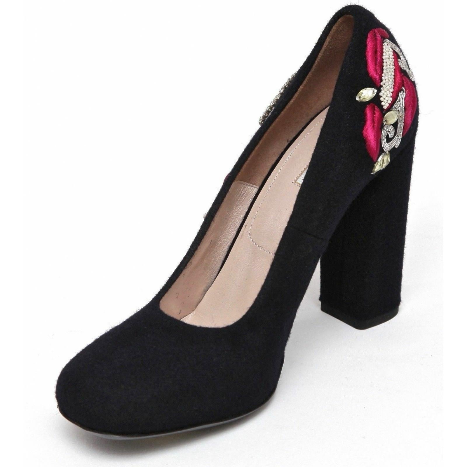 DRIES VAN NOTEN Bomba negra de tela con cuentas Piel punta cuadrada Tacón Sz 40 NUEVO Negro en venta