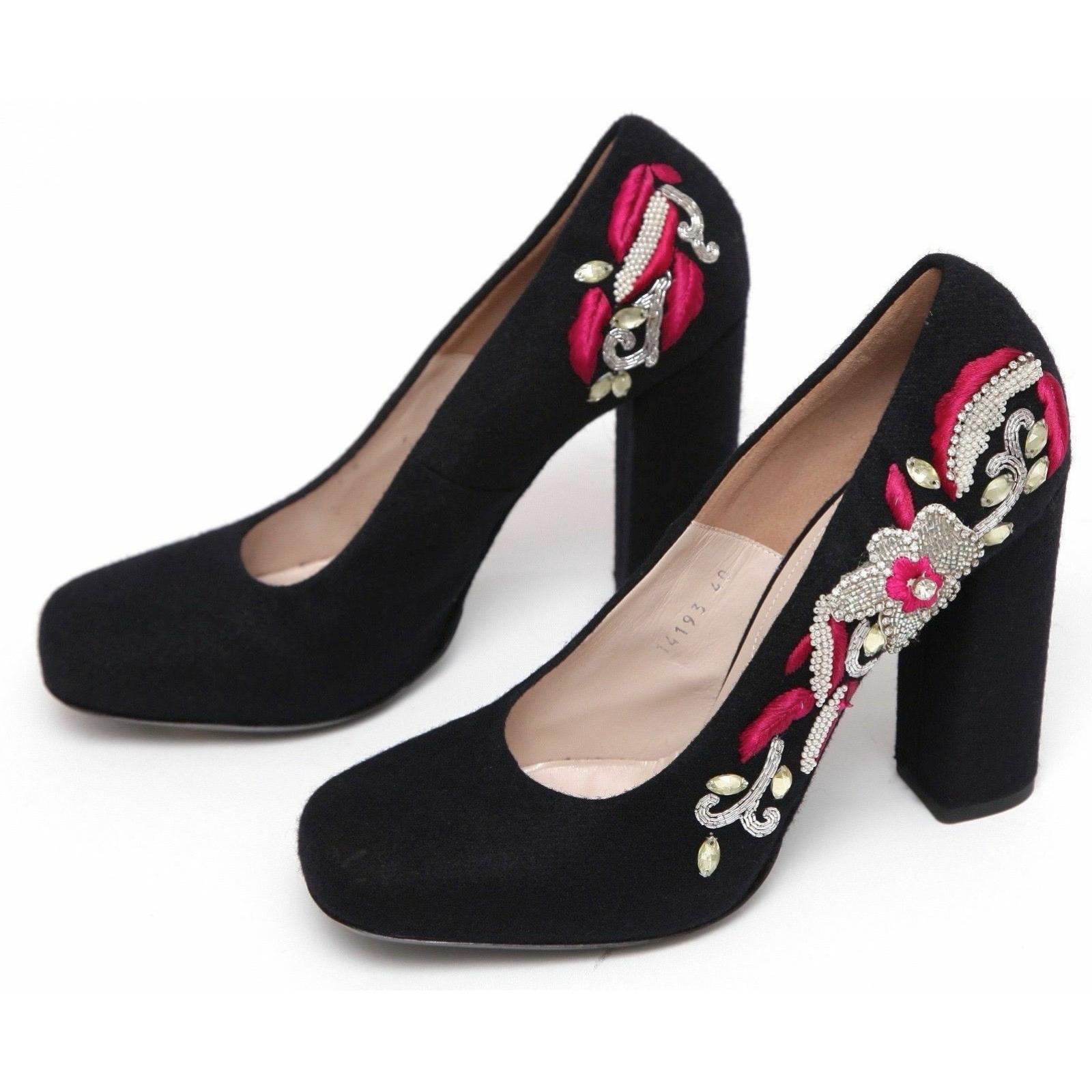 DRIES VAN NOTEN Bomba negra de tela con cuentas Piel punta cuadrada Tacón Sz 40 NUEVO en venta 3