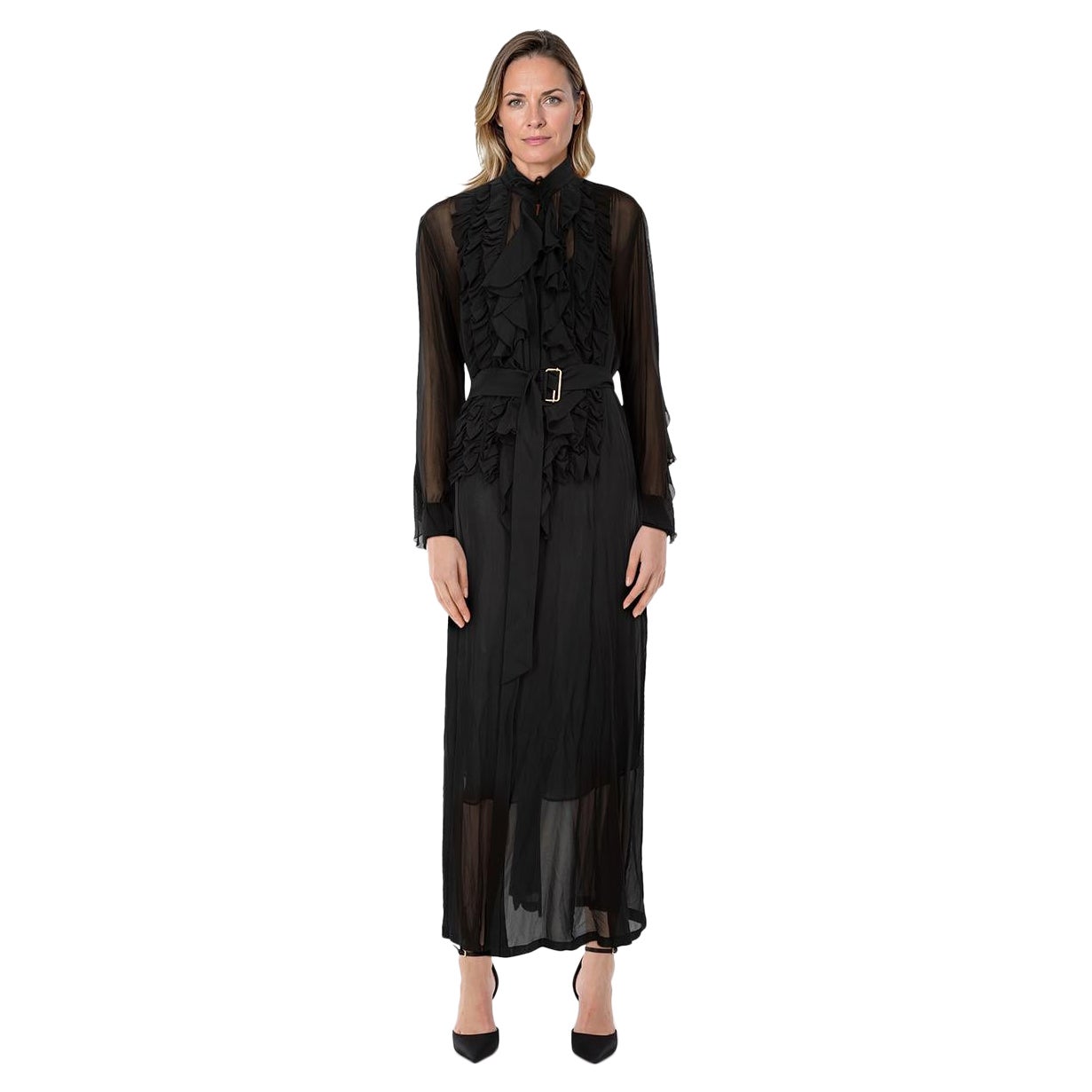Dries Van Noten Schwarzes gerafftes Maxikleid Größe L im Angebot