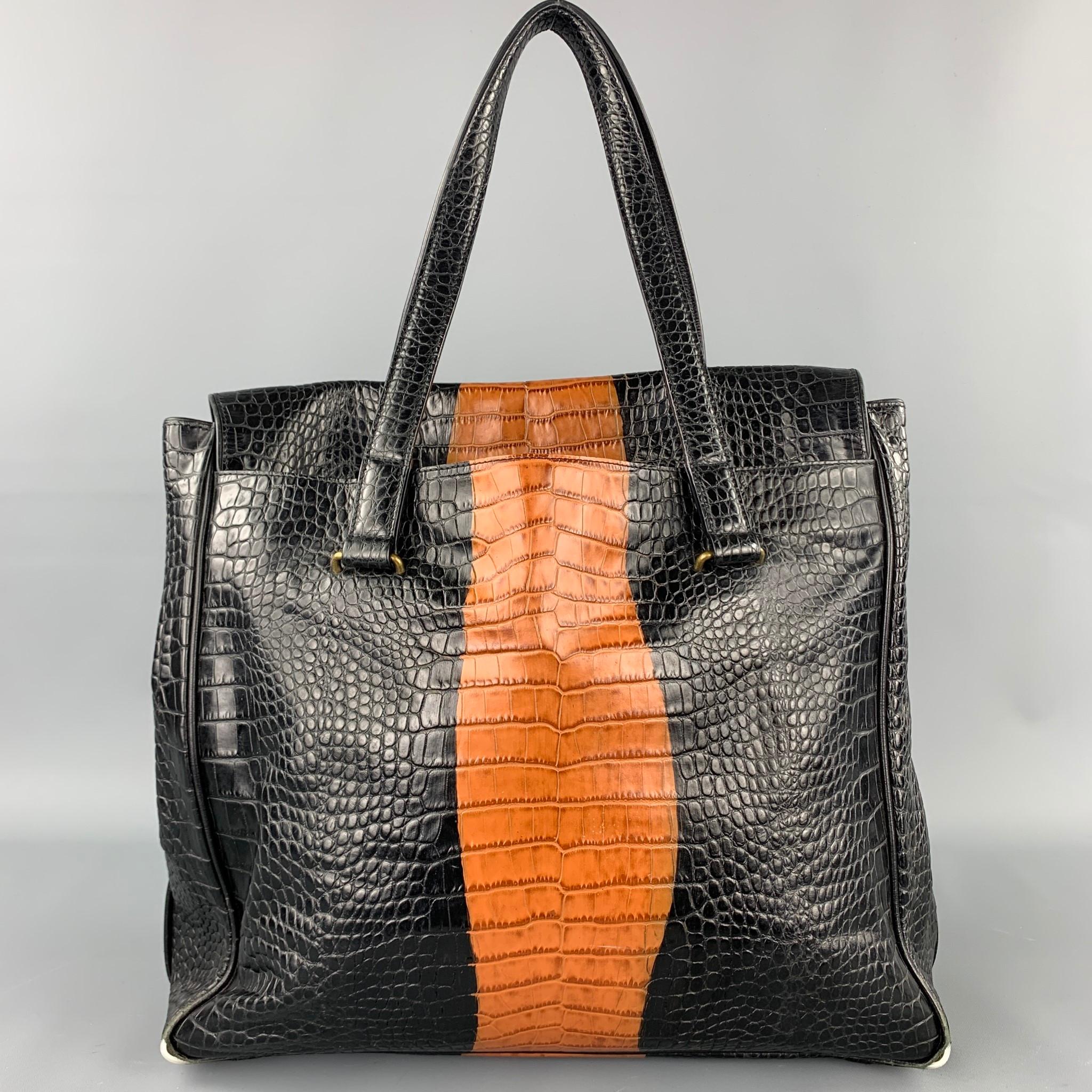 Women's DRIES VAN NOTEN Black & Tan Alligator Embossed Leather Handbag
