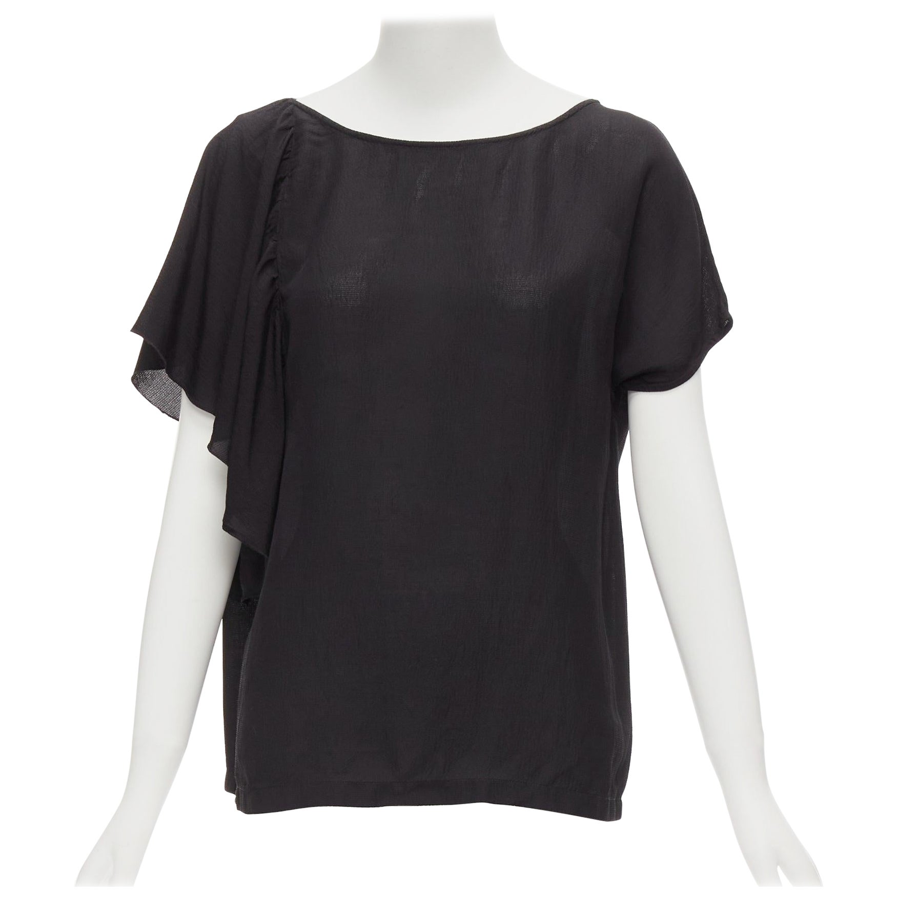 DRIES VAN NOTEN black viscose linen asymmetric flutter sleeve blouse top FR40 L
