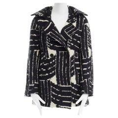 DRIES VAN NOTEN black white abstract mohair boucle double breasted coat FR40 L