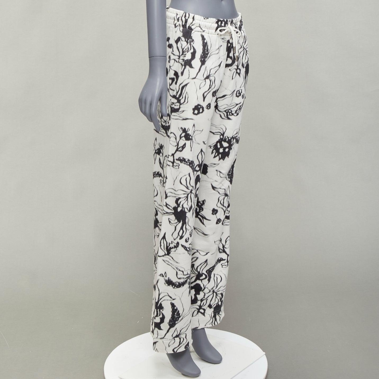 DRIES VAN NOTEN black white cotton blurry abstract floral print sweatpants S In Good Condition For Sale In Hong Kong, NT