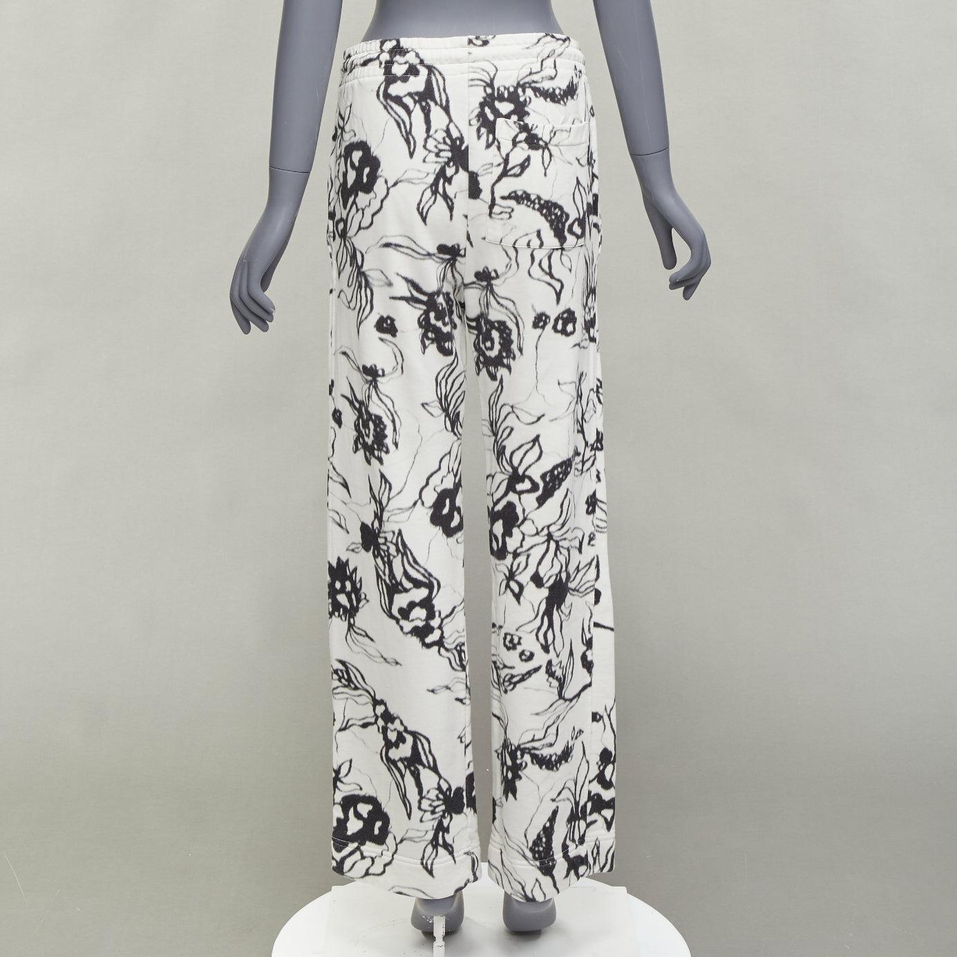 DRIES VAN NOTEN black white cotton blurry abstract floral print sweatpants S For Sale 1