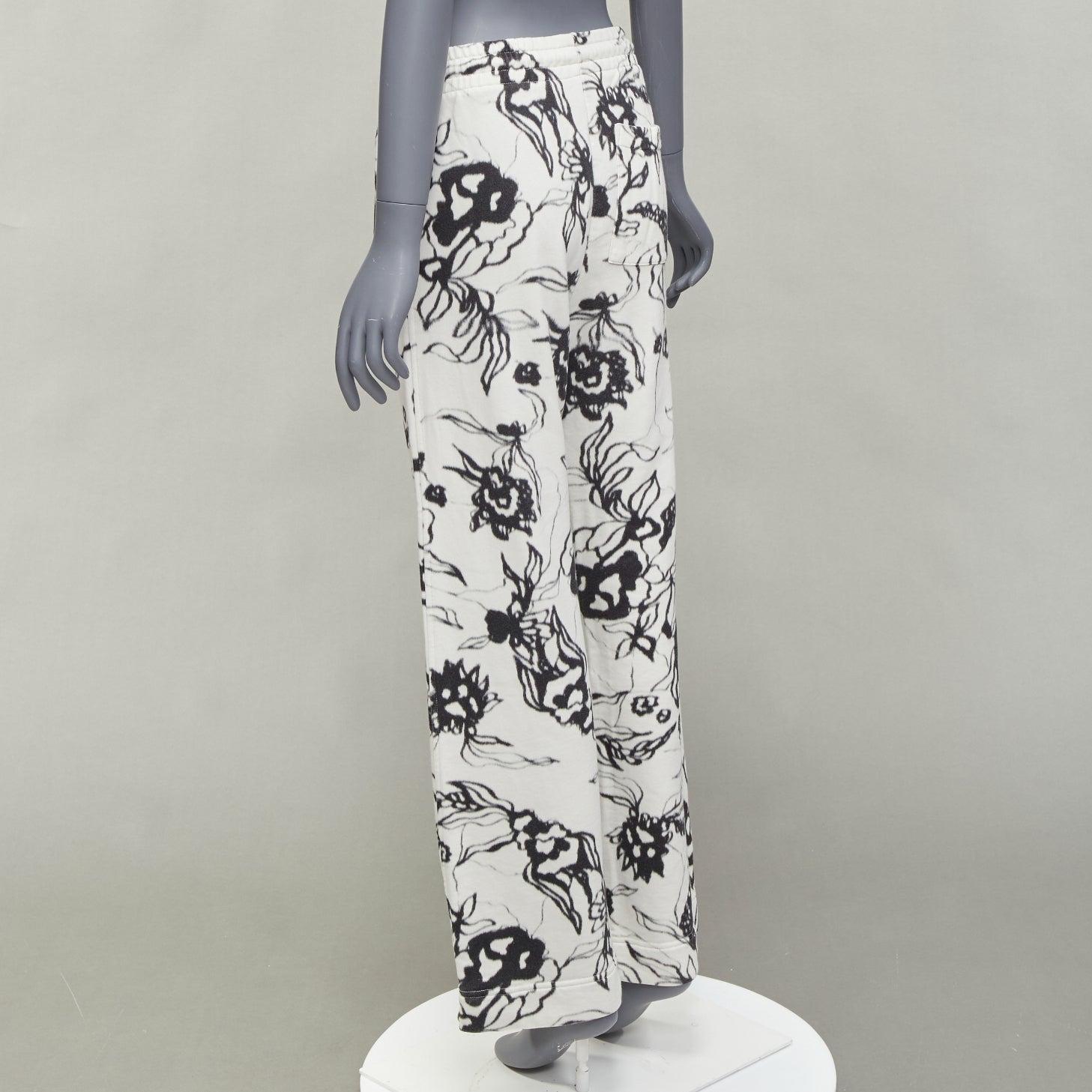 DRIES VAN NOTEN black white cotton blurry abstract floral print sweatpants S For Sale 2