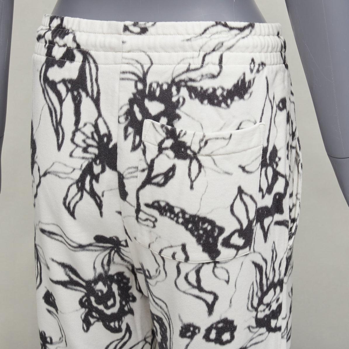 DRIES VAN NOTEN black white cotton blurry abstract floral print sweatpants S For Sale 2