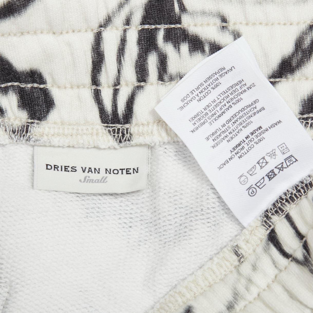 DRIES VAN NOTEN black white cotton blurry abstract floral print sweatpants S For Sale 3