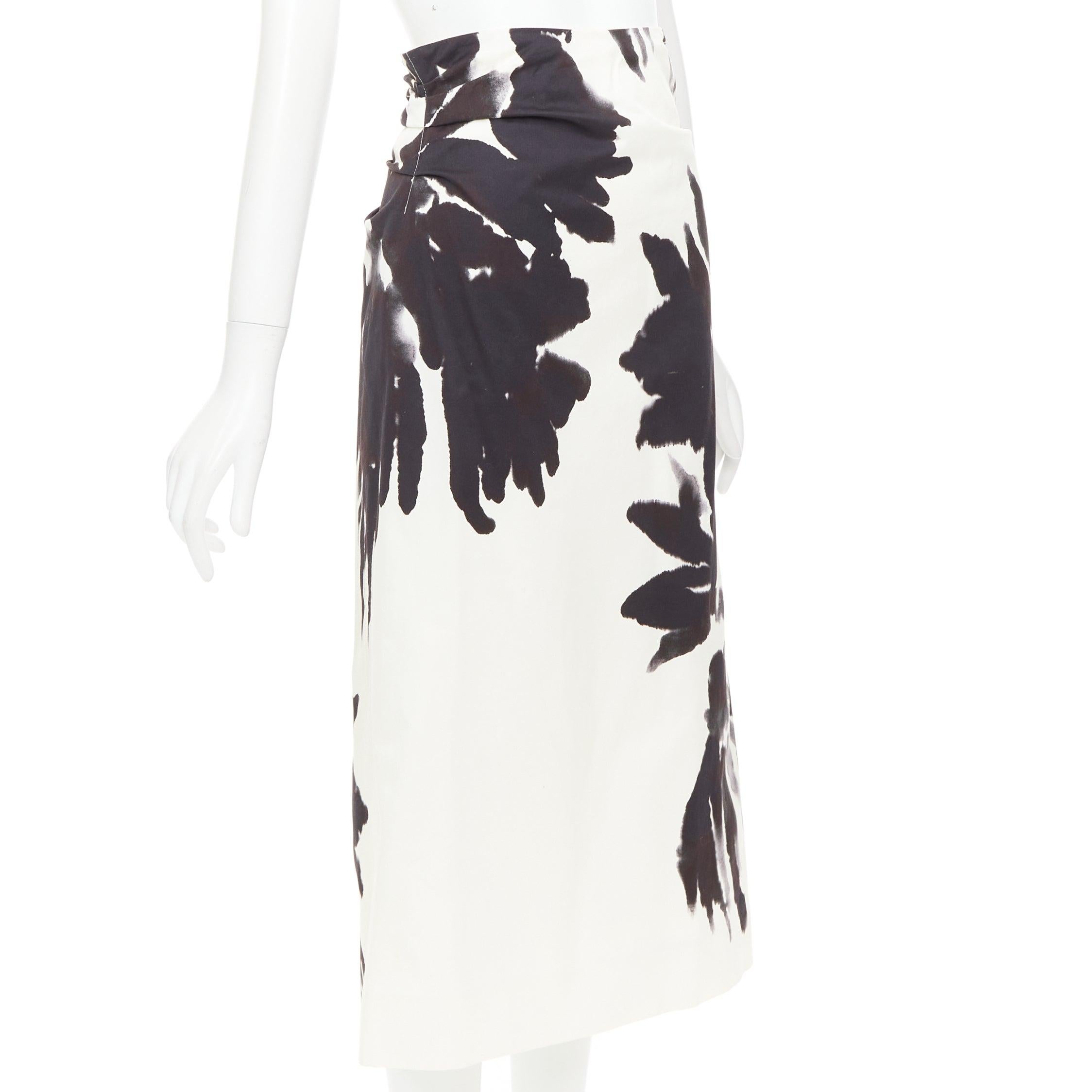 Gray DRIES VAN NOTEN black white cotton watercolor floral print midi skirt FR38 M For Sale