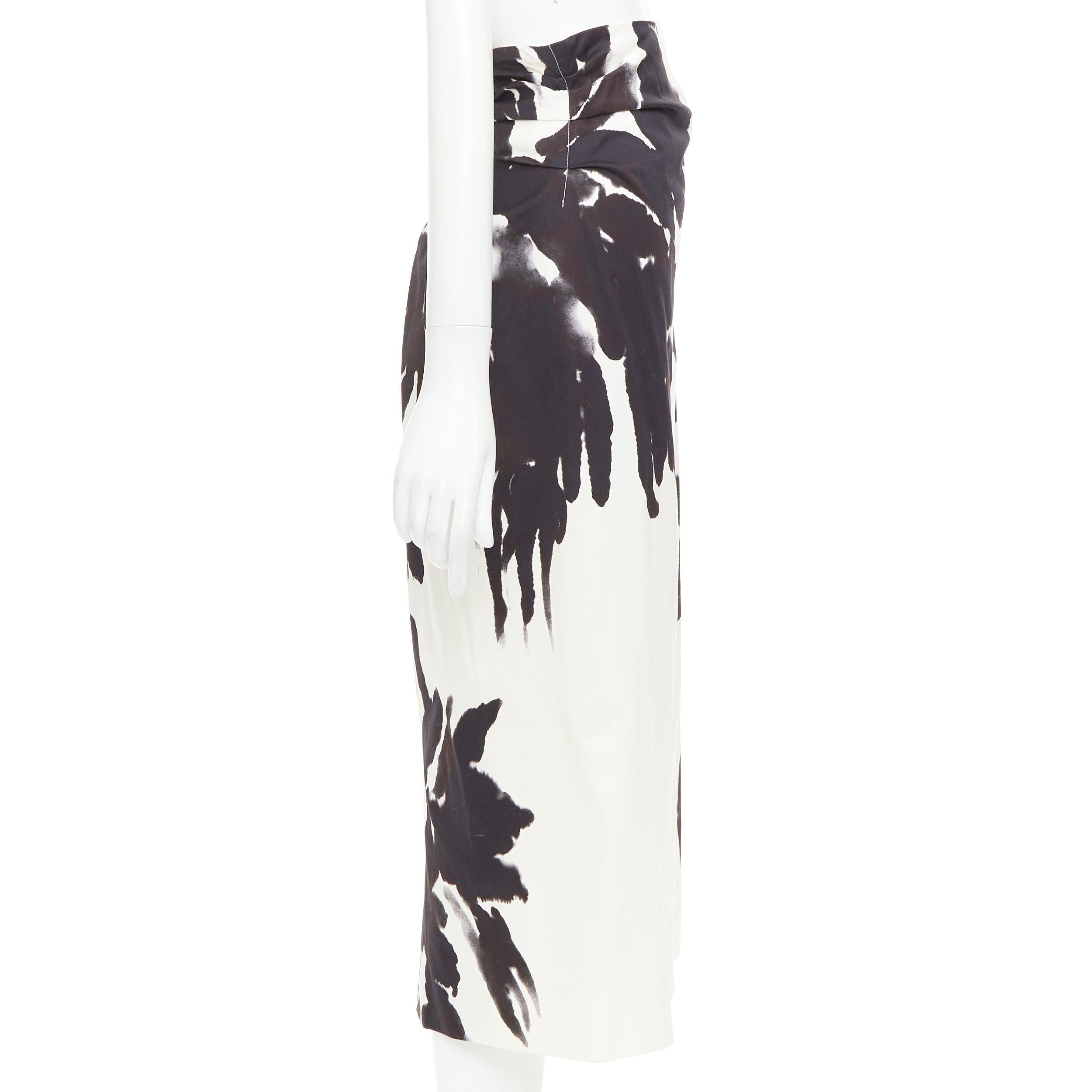 DRIES VAN NOTEN black white cotton watercolor floral print midi skirt FR38 M In Good Condition For Sale In Hong Kong, NT