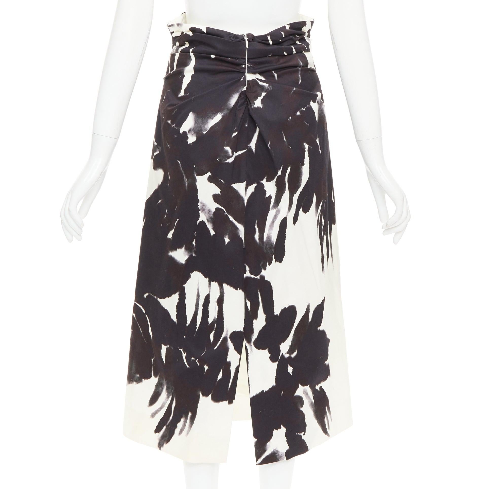 Women's DRIES VAN NOTEN black white cotton watercolor floral print midi skirt FR38 M For Sale