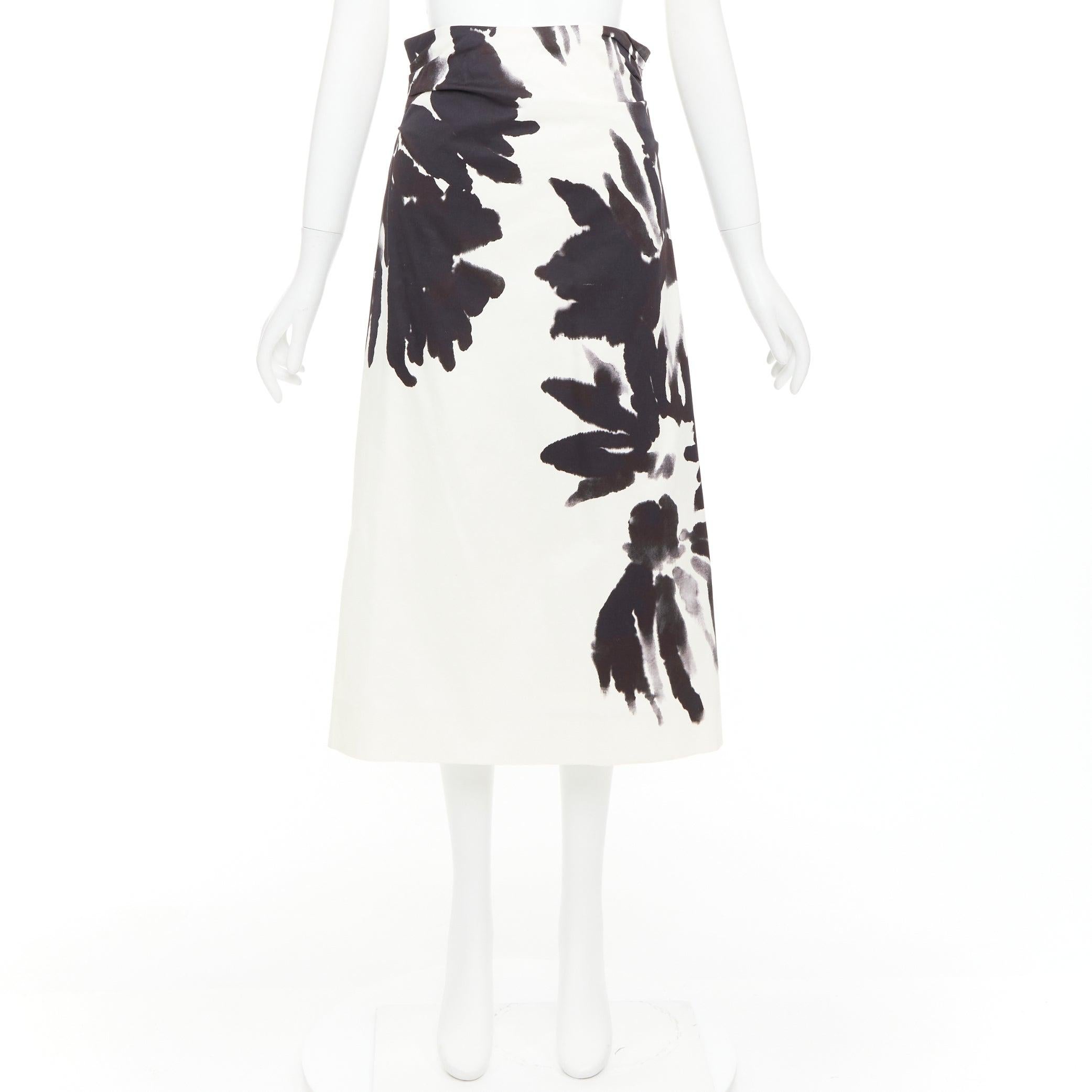 DRIES VAN NOTEN black white cotton watercolor floral print midi skirt FR38 M For Sale 4