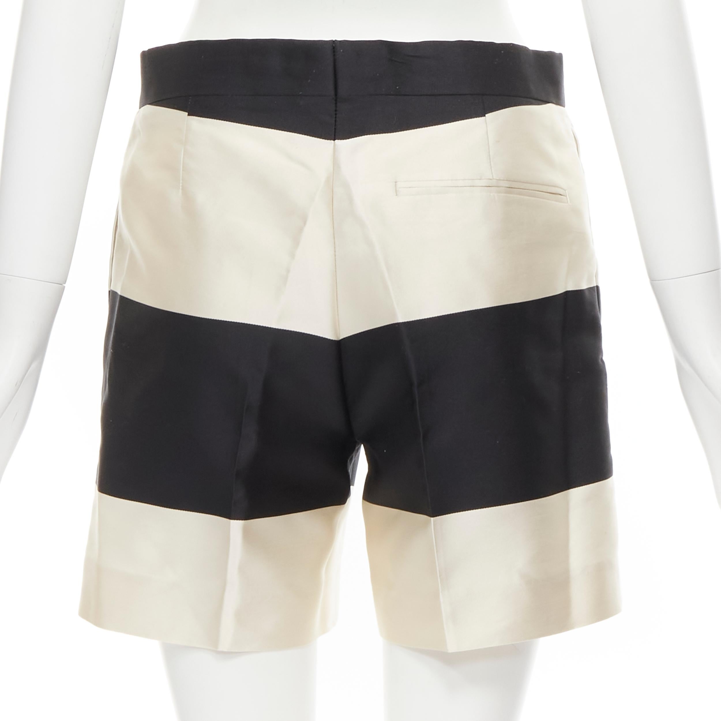 Beige DRIES VAN NOTEN black white polyester silk striped pleat front shorts FR36 S For Sale