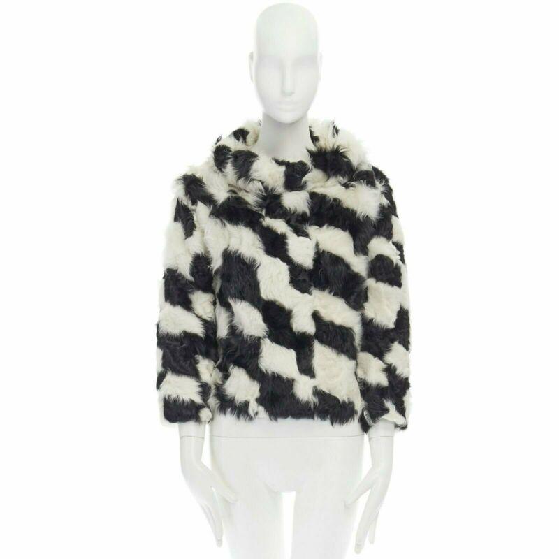 DRIES VAN NOTEN black white Tjekian goat fur high neck boxy sweater top S For Sale 5