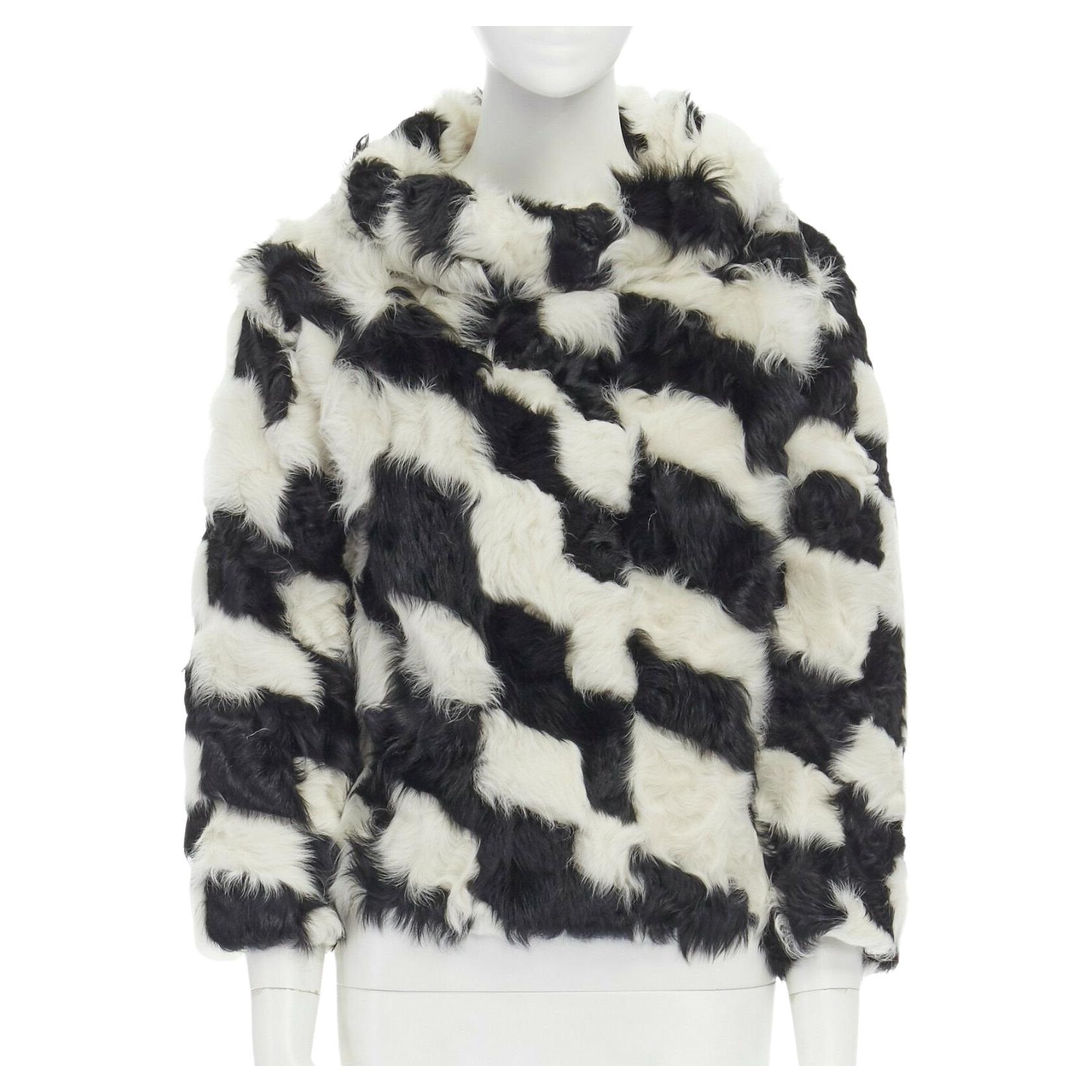 DRIES VAN NOTEN black white Tjekian goat fur high neck boxy sweater top S For Sale