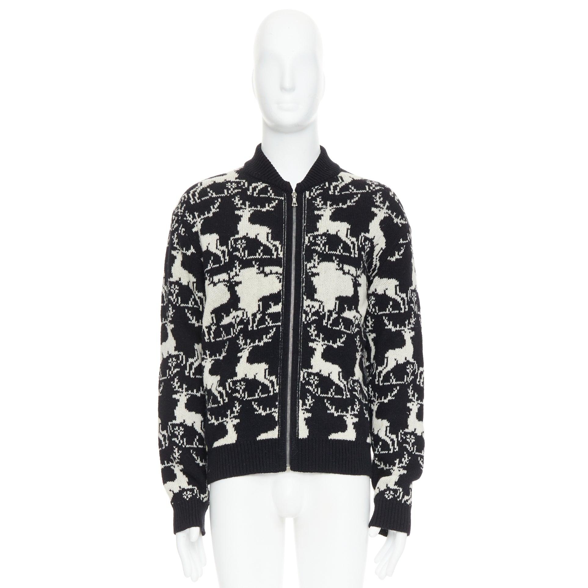 DRIES VAN NOTEN Veste zippée en laine de renne intarsia noir et blanc M en vente 5