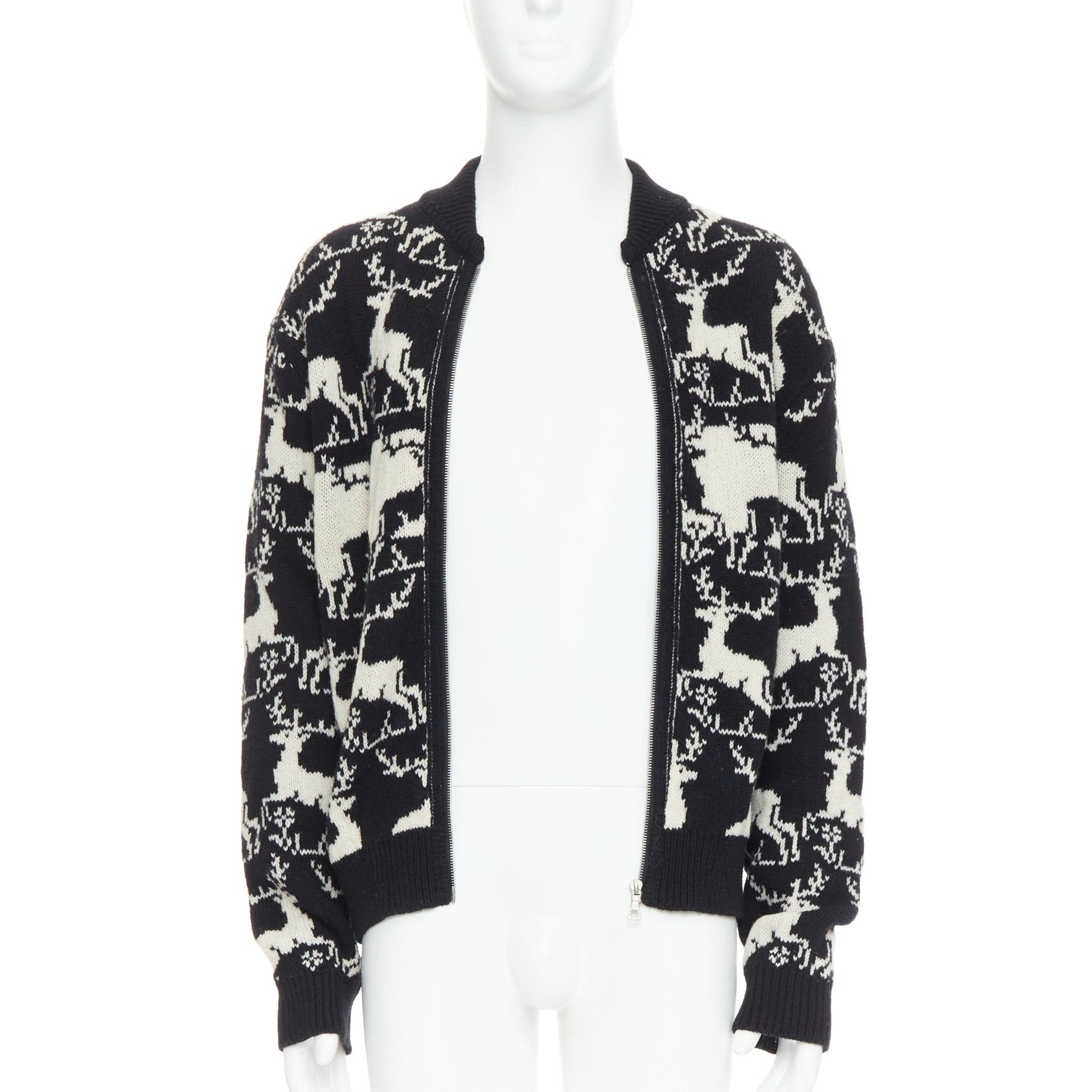 Noir DRIES VAN NOTEN Veste zippée en laine de renne intarsia noir et blanc M en vente