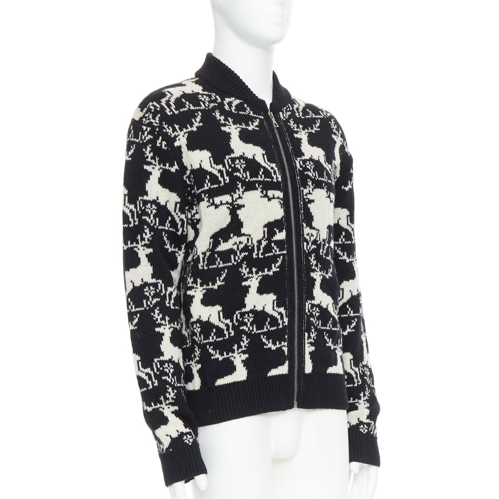DRIES VAN NOTEN Veste zippée en laine de renne intarsia noir et blanc M État moyen - En vente à Hong Kong, NT