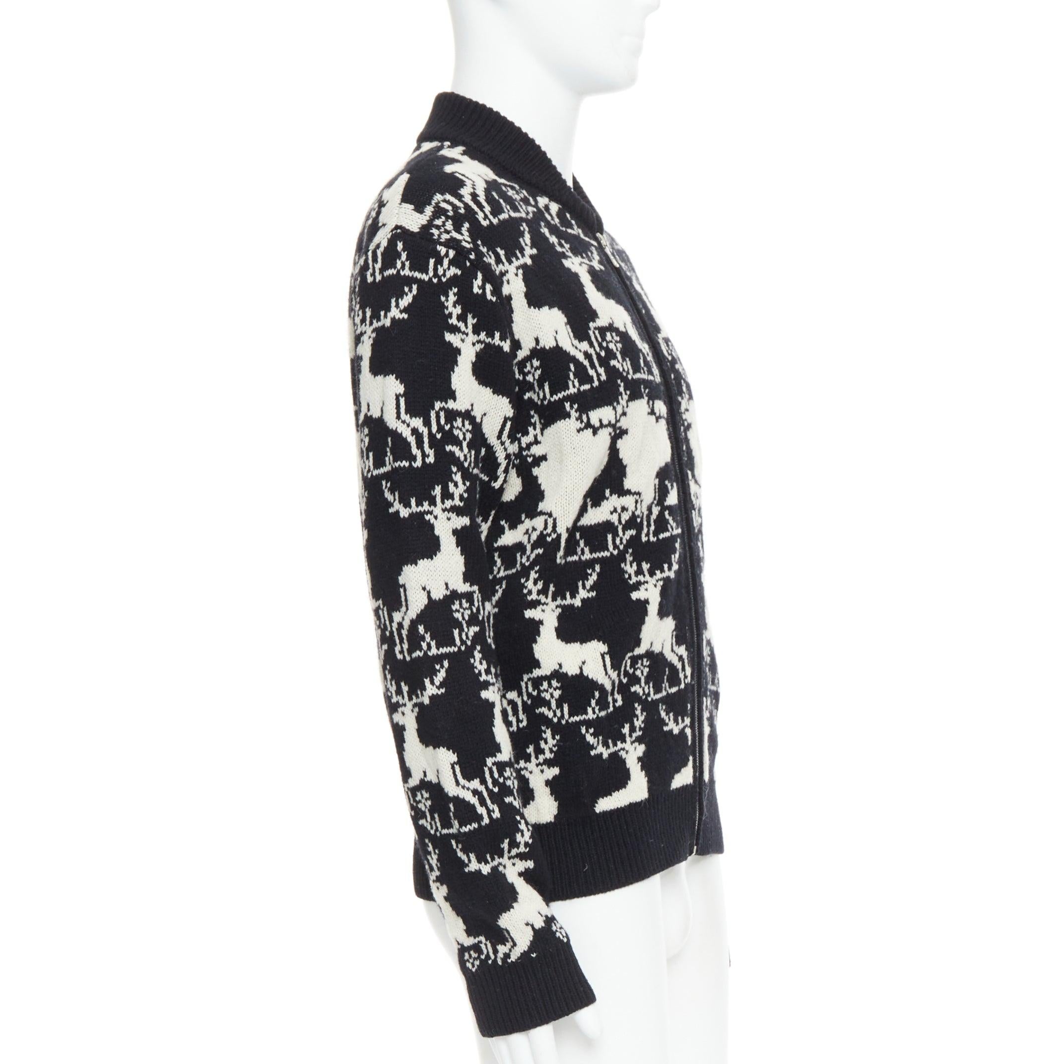 DRIES VAN NOTEN Veste zippée en laine de renne intarsia noir et blanc M Pour hommes en vente