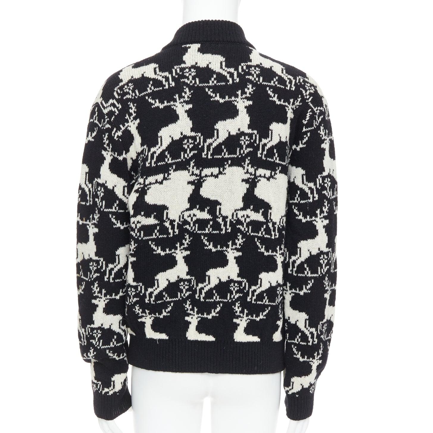 DRIES VAN NOTEN Veste zippée en laine de renne intarsia noir et blanc M en vente 1
