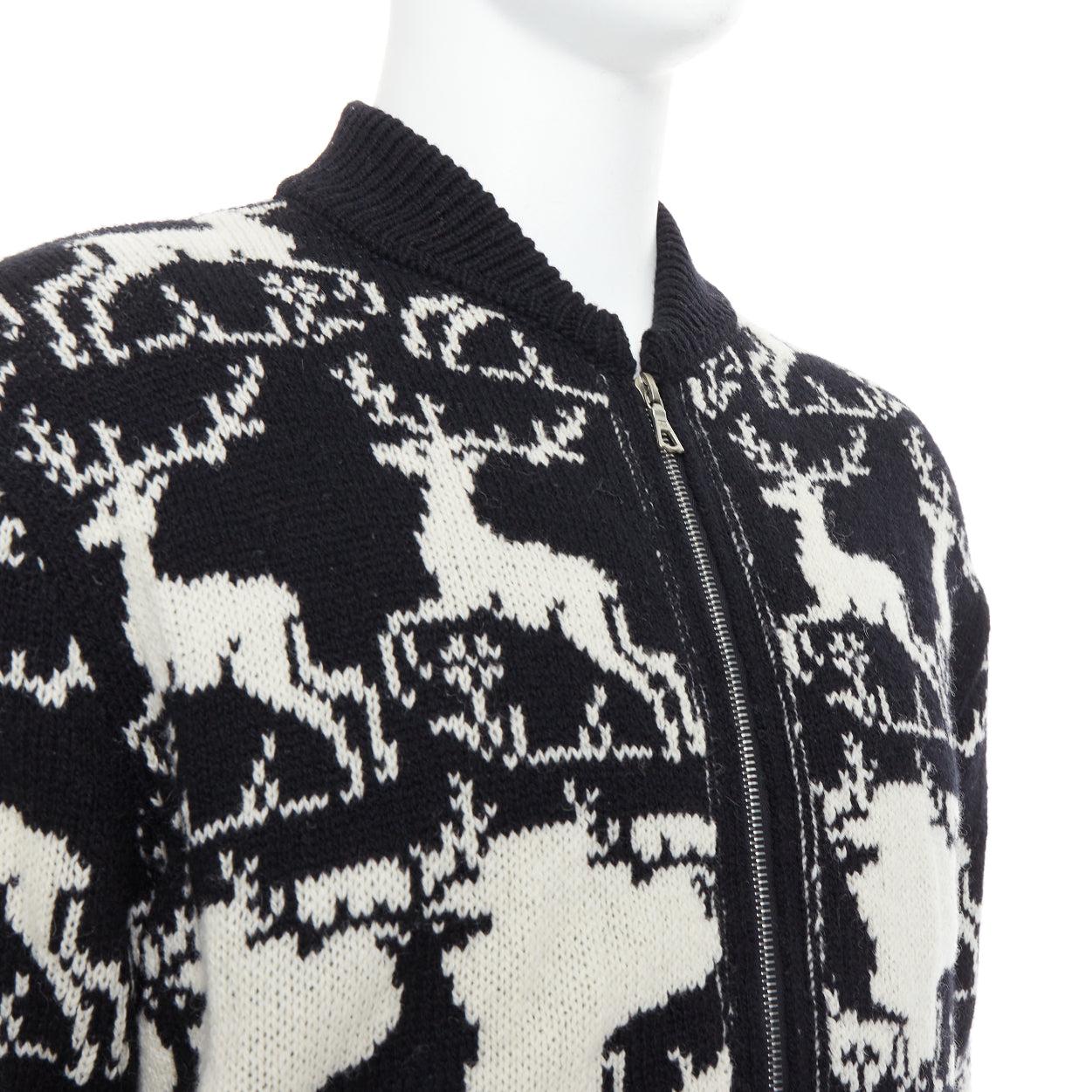 DRIES VAN NOTEN Veste zippée en laine de renne intarsia noir et blanc M en vente 3