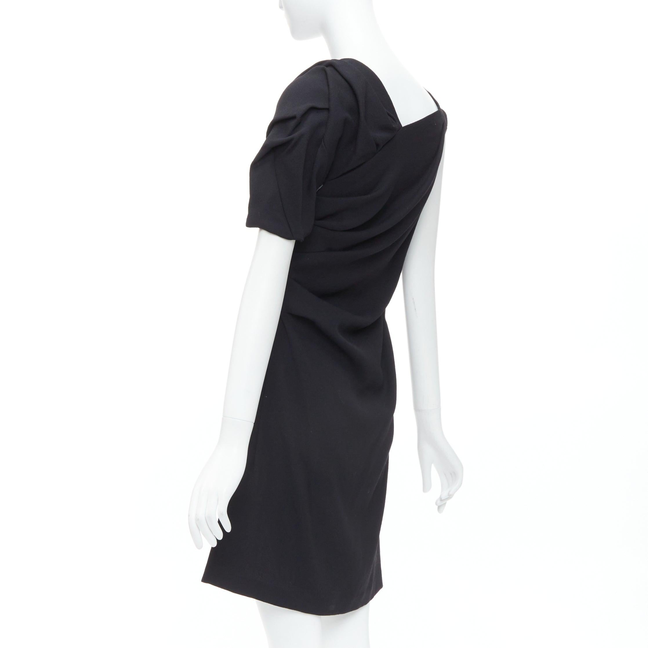 DRIES VAN NOTEN black wool blend asymmetric sleeve drape dress FR36 S For Sale 1