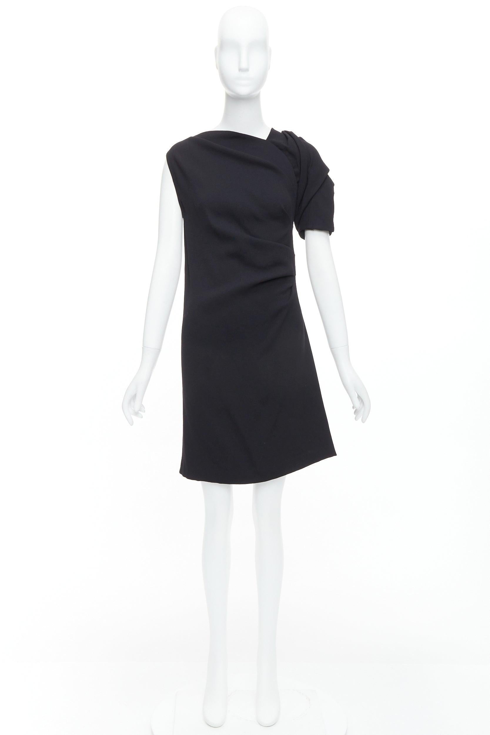 DRIES VAN NOTEN black wool blend asymmetric sleeve drape dress FR36 S For Sale 4