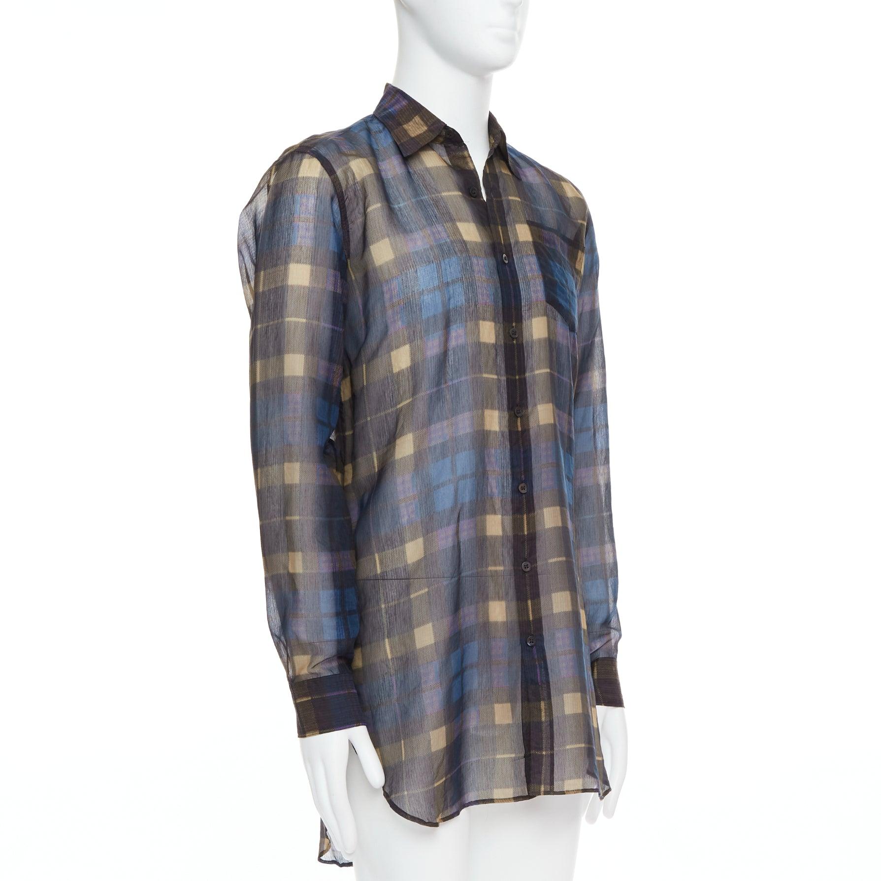 Grigio DRIES VAN NOTEN camicia a quadri in cotone e seta blu beige IT48 M. in vendita