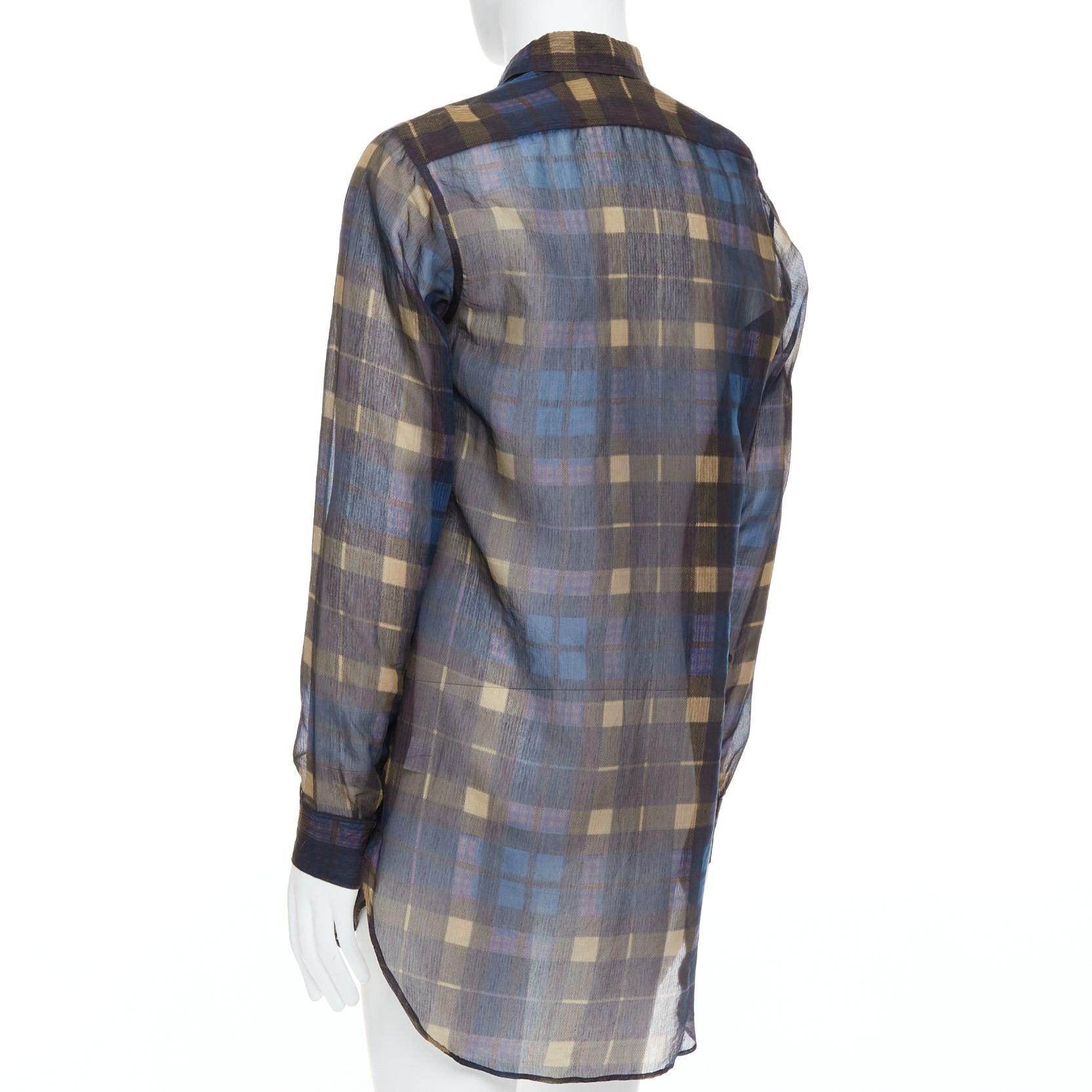 DRIES VAN NOTEN camicia a quadri in cotone e seta blu beige IT48 M. in vendita 1