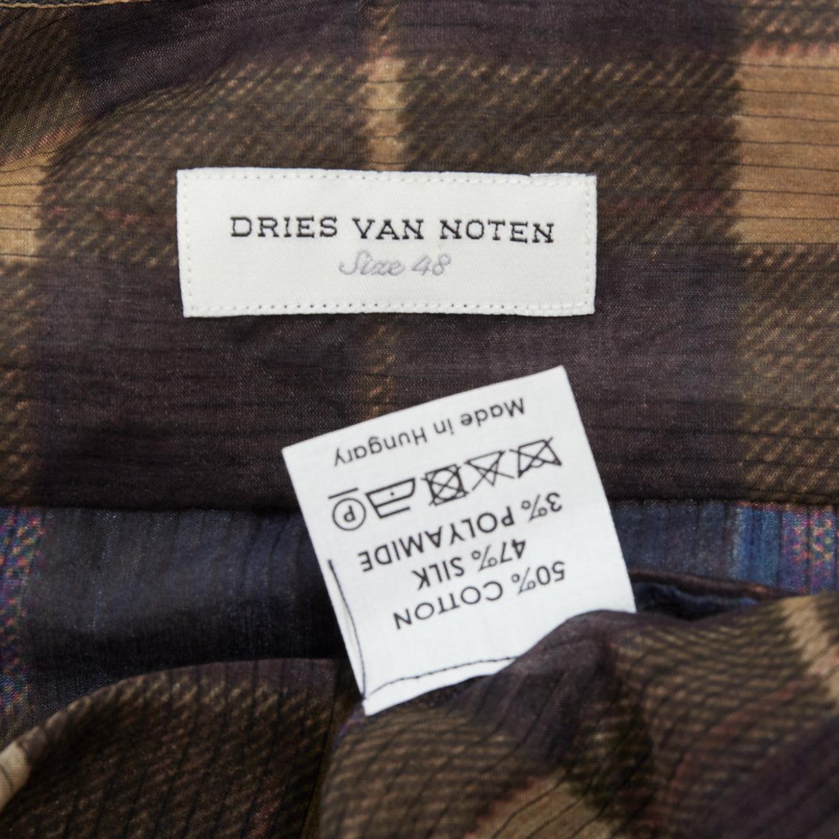 DRIES VAN NOTEN camicia a quadri in cotone e seta blu beige IT48 M. in vendita 3