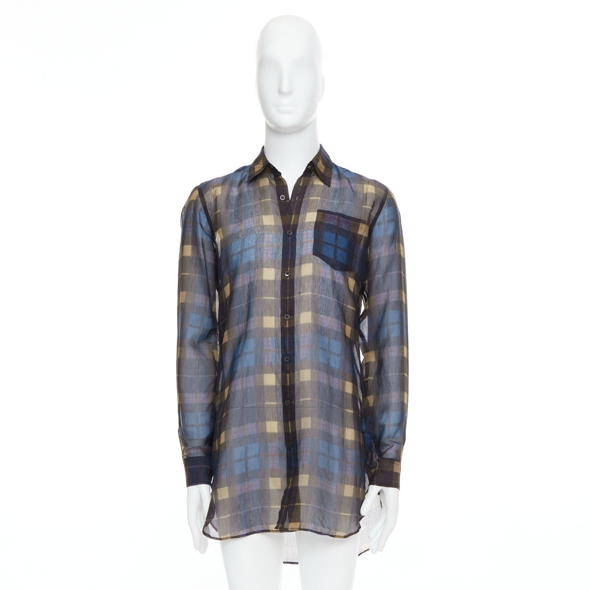 DRIES VAN NOTEN camicia a quadri in cotone e seta blu beige IT48 M. in vendita 4