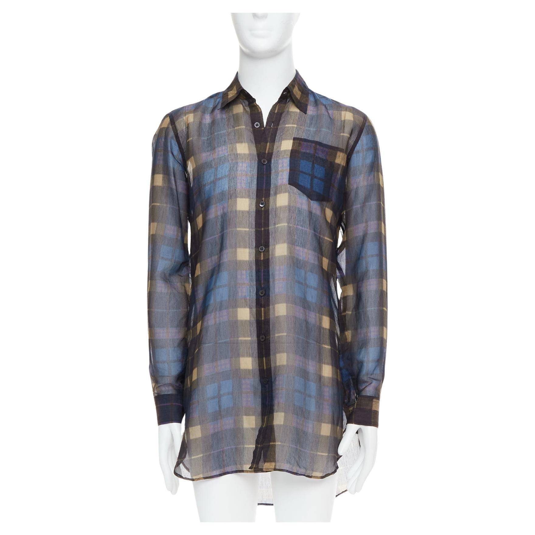 DRIES VAN NOTEN camicia a quadri in cotone e seta blu beige IT48 M. in vendita