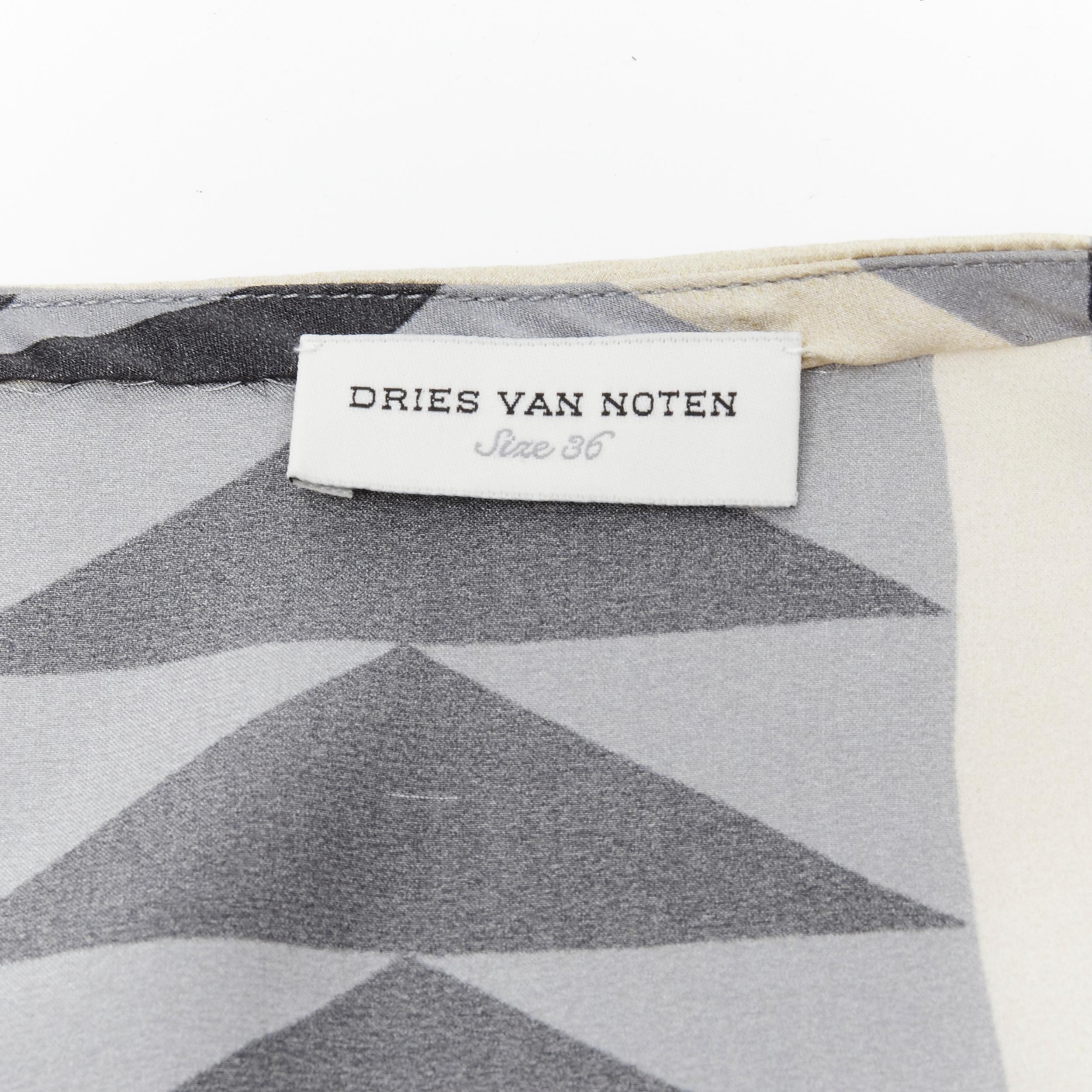 DRIES VAN NOTEN blue grey geometric print asymmetric draped sleeve dress FR36 S For Sale 4