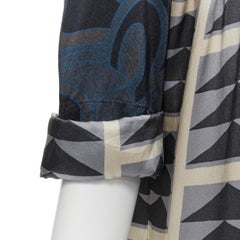 DRIES VAN NOTEN blue grey geometric print asymmetric draped sleeve dress FR36 S