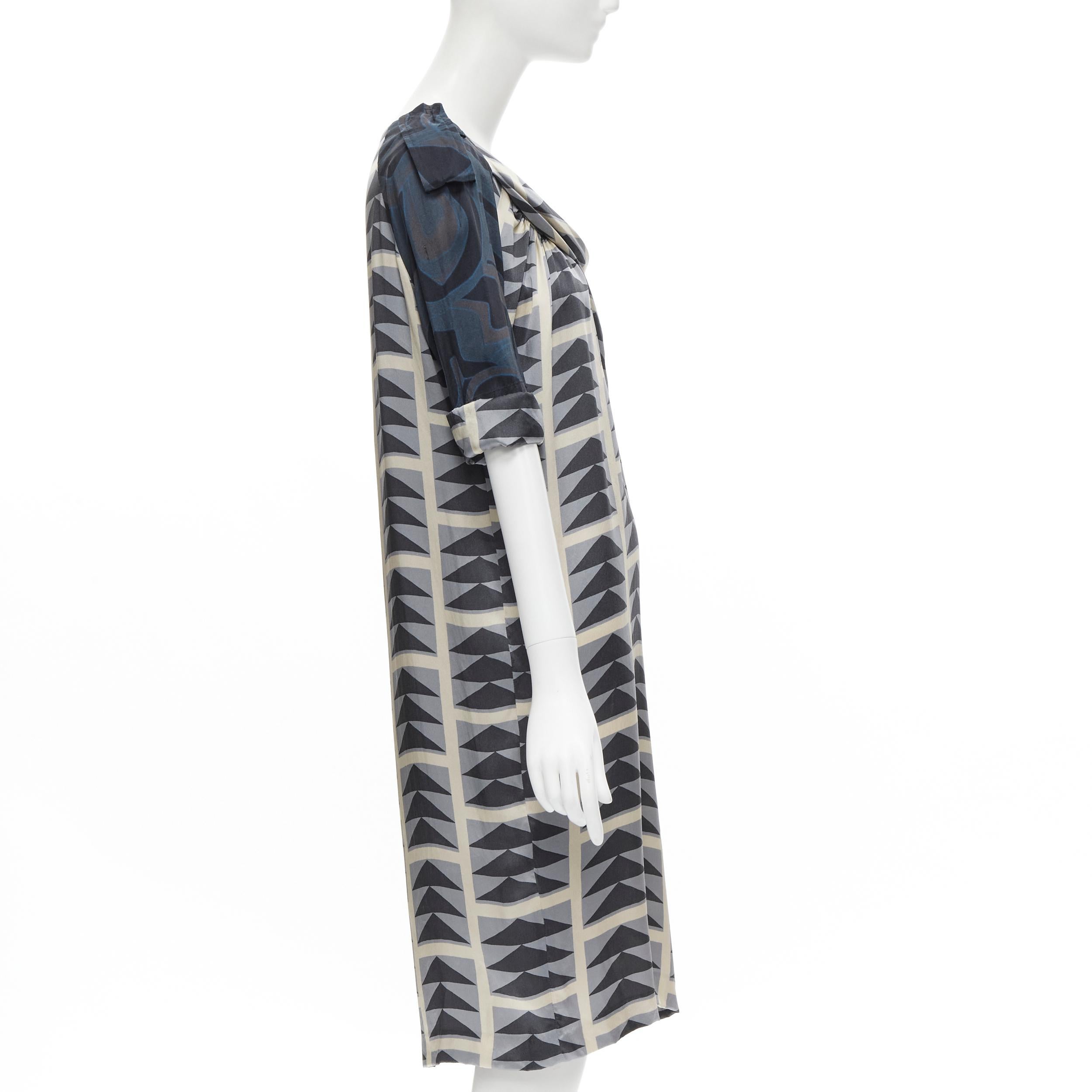 Gray DRIES VAN NOTEN blue grey geometric print asymmetric draped sleeve dress FR36 S For Sale