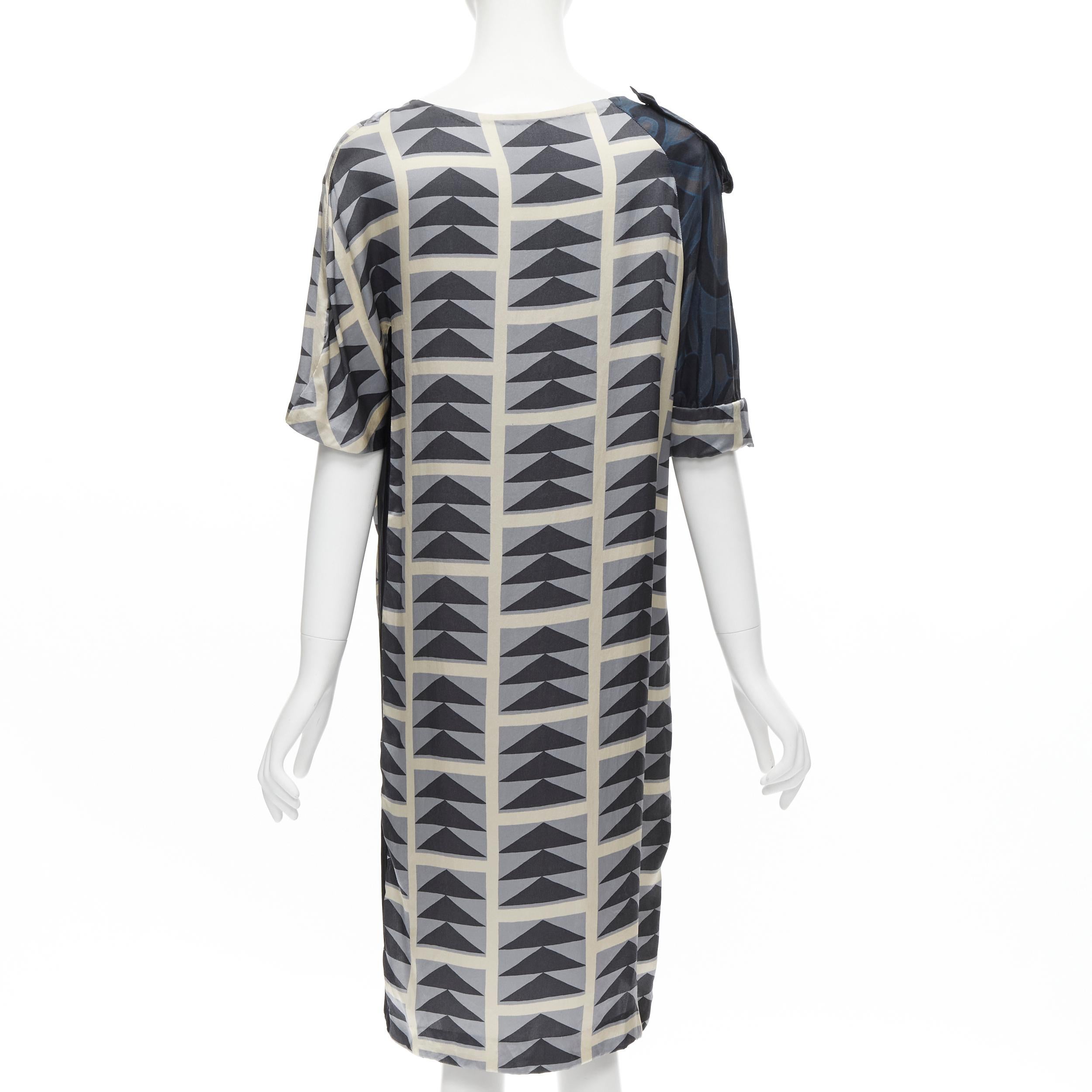 DRIES VAN NOTEN blue grey geometric print asymmetric draped sleeve dress FR36 S In Good Condition For Sale In Hong Kong, NT