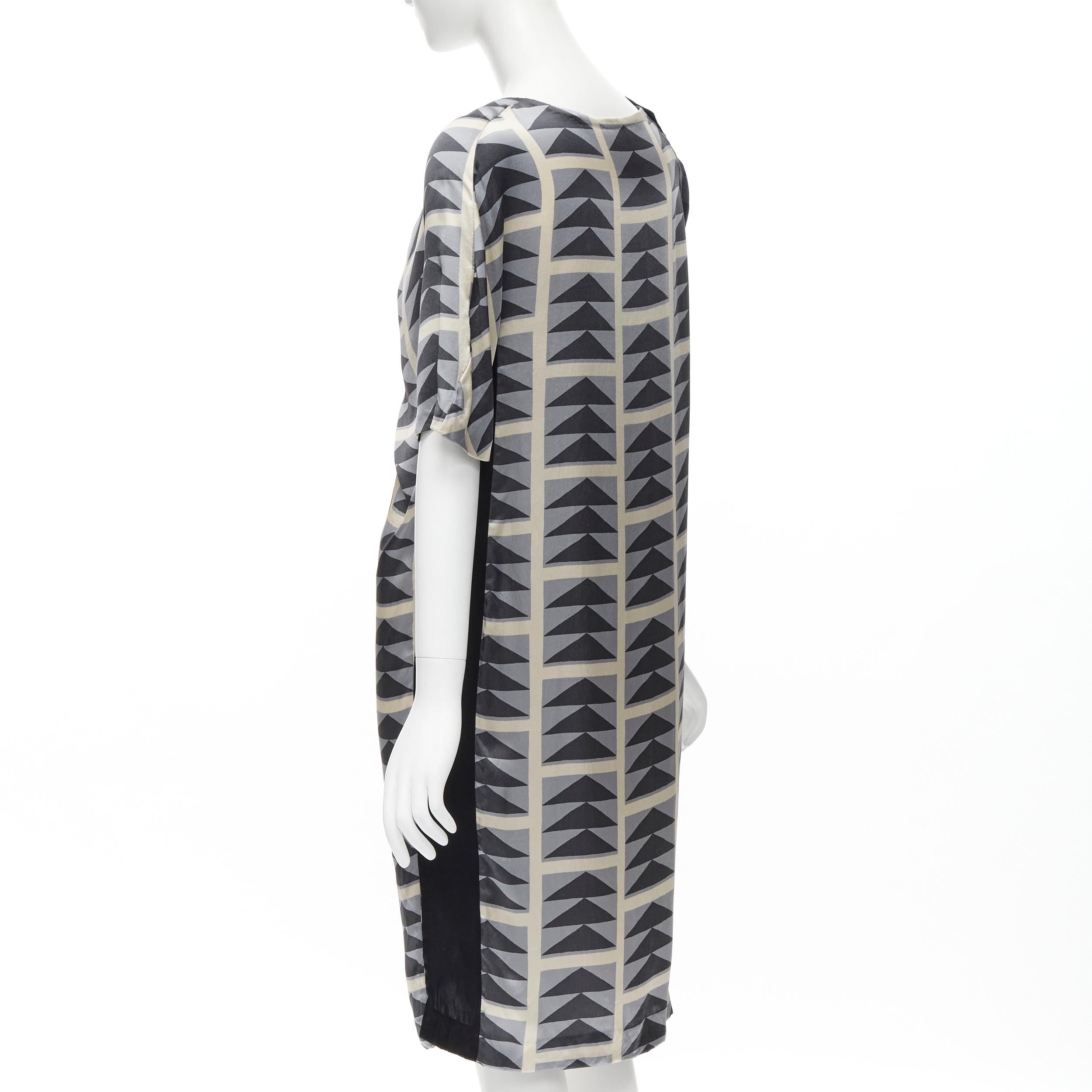Women's DRIES VAN NOTEN blue grey geometric print asymmetric draped sleeve dress FR36 S For Sale
