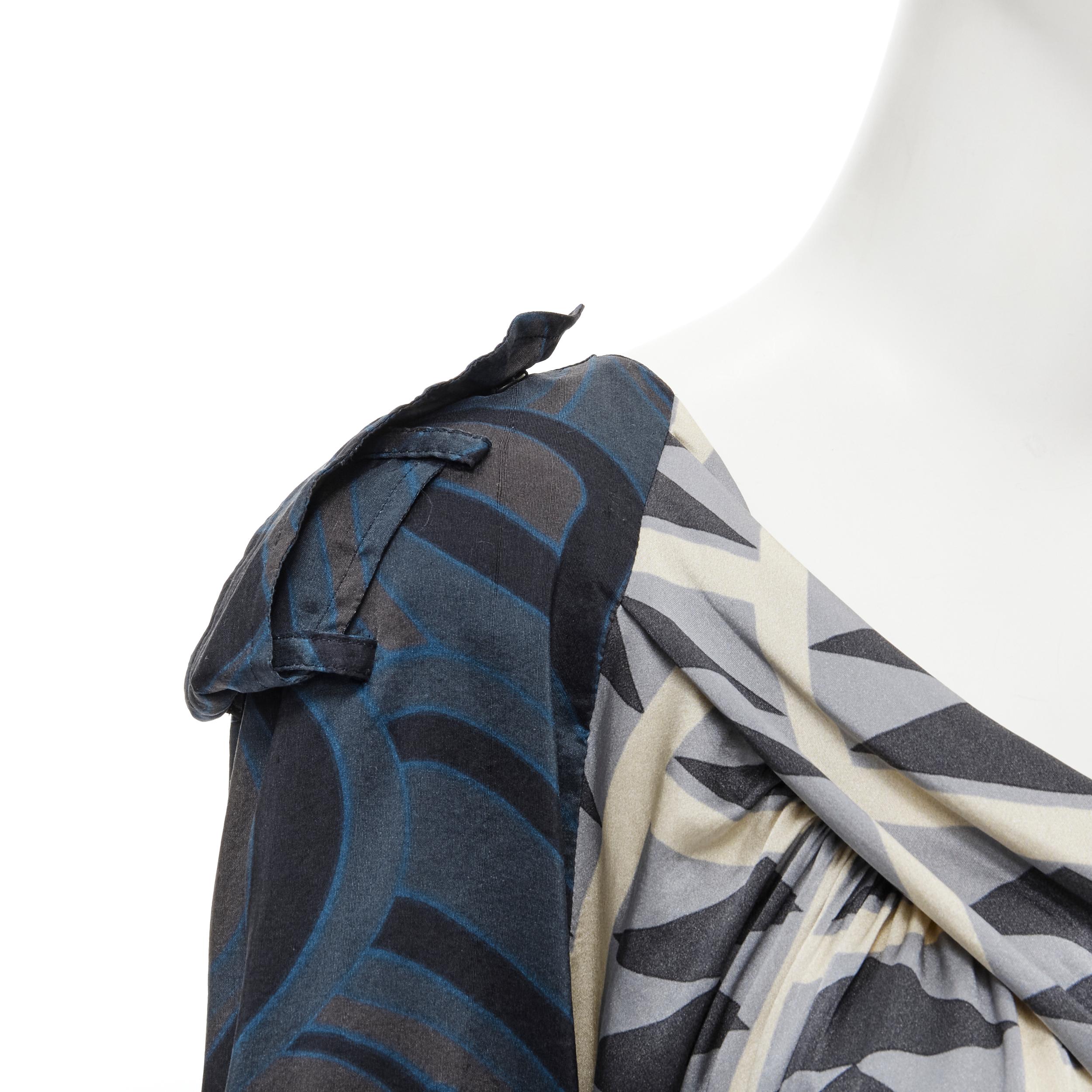 DRIES VAN NOTEN blue grey geometric print asymmetric draped sleeve dress FR36 S For Sale 1