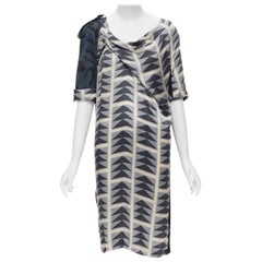 DRIES VAN NOTEN blue grey geometric print asymmetric draped sleeve dress FR36 S