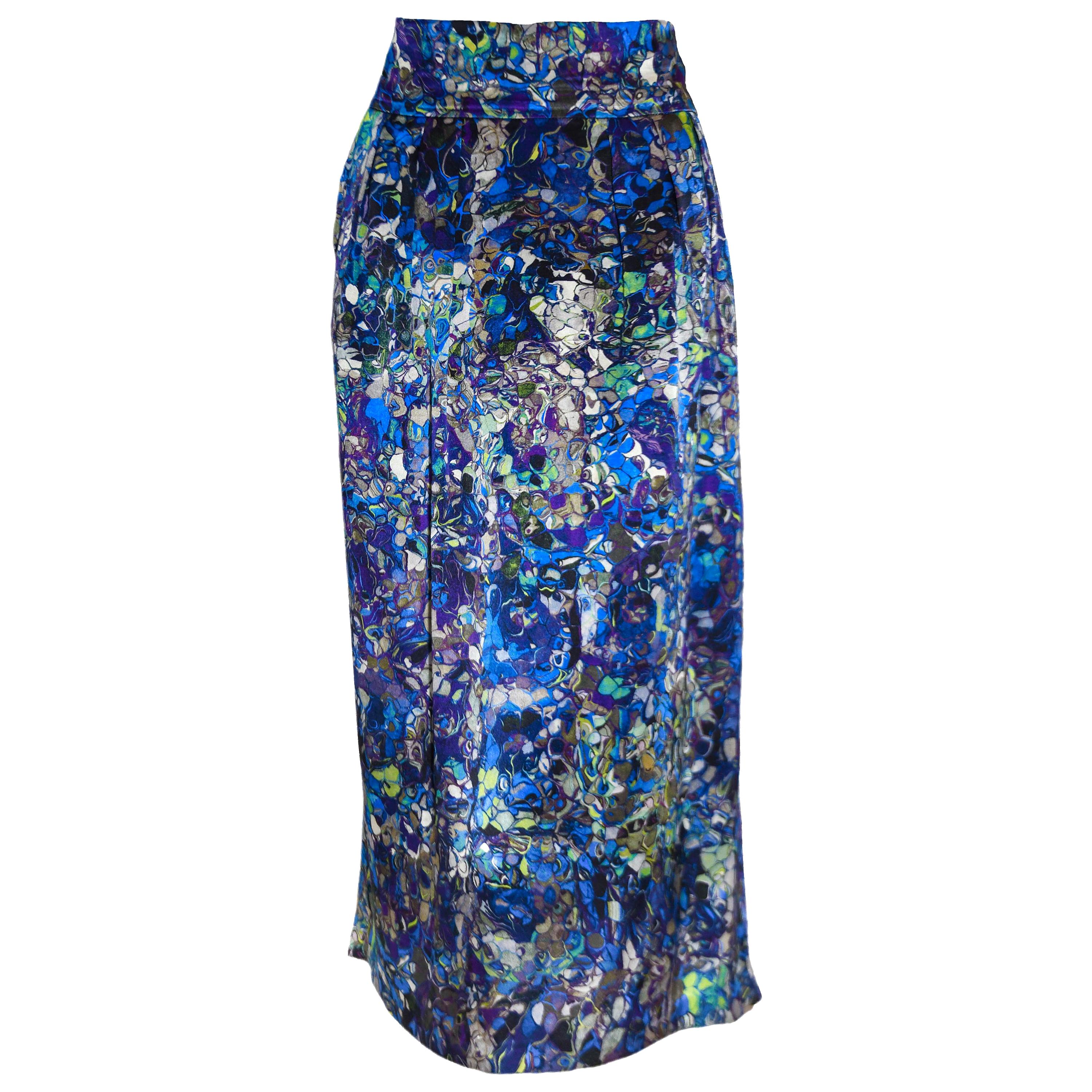Dries Van Noten Blue Hue Abstract Print Pleated Skirt For Sale