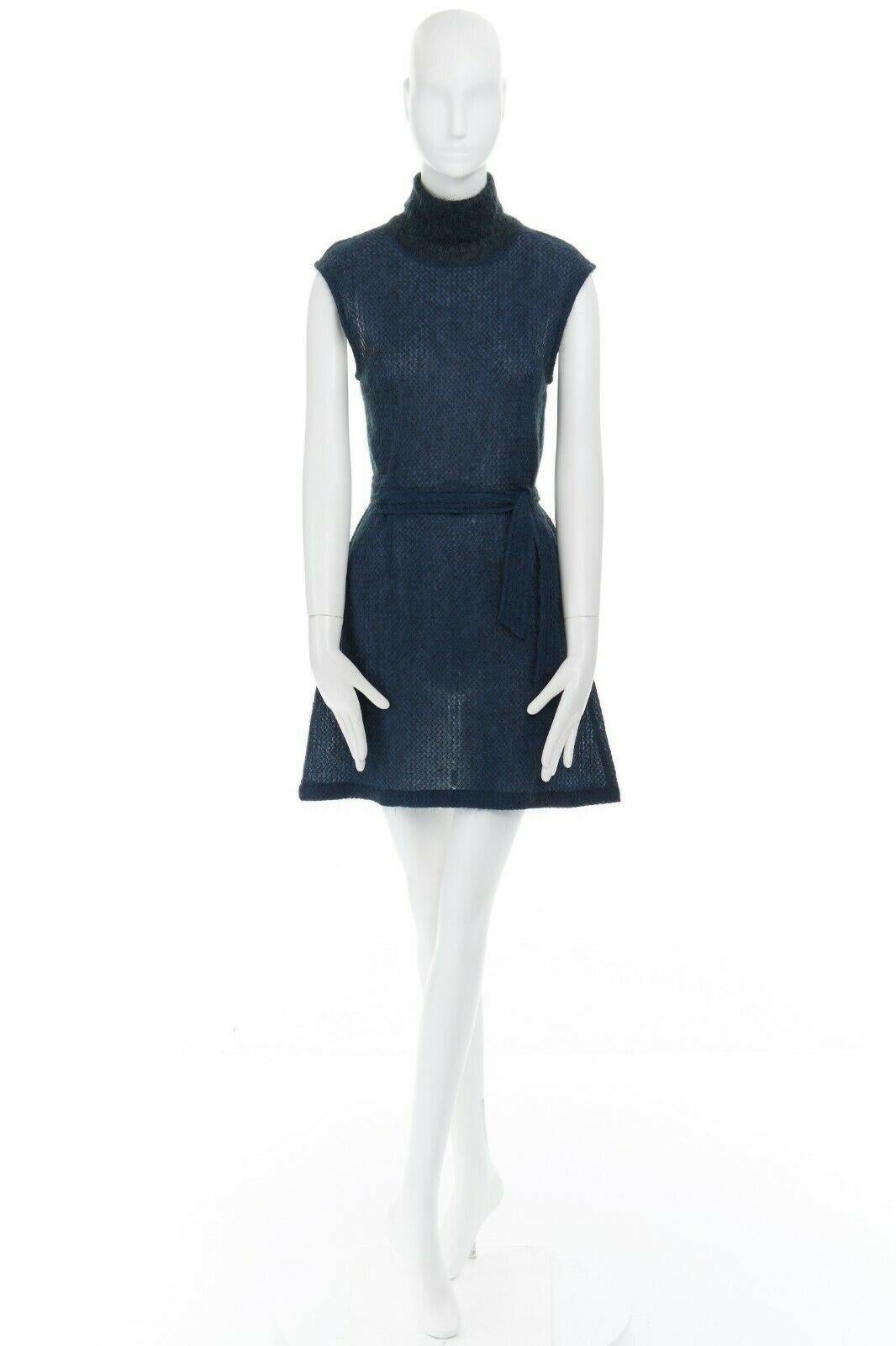 Black DRIES VAN NOTEN blue mohair blend stitch belted sleeveless turtleneck dress FR38