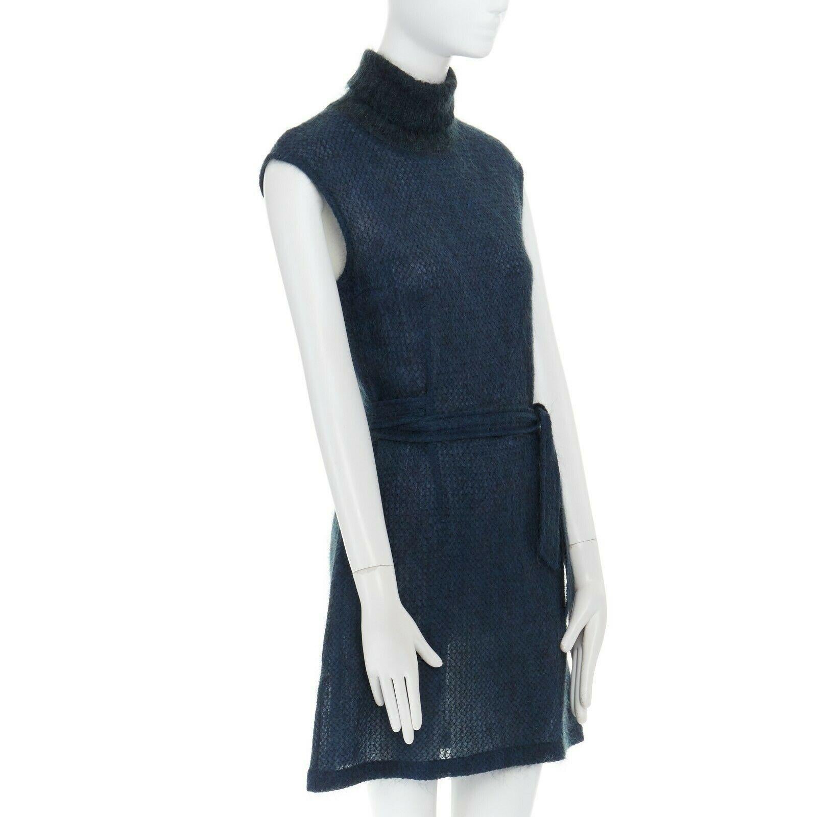 DRIES VAN NOTEN blue mohair blend stitch belted sleeveless turtleneck dress FR38 In Excellent Condition In Hong Kong, NT