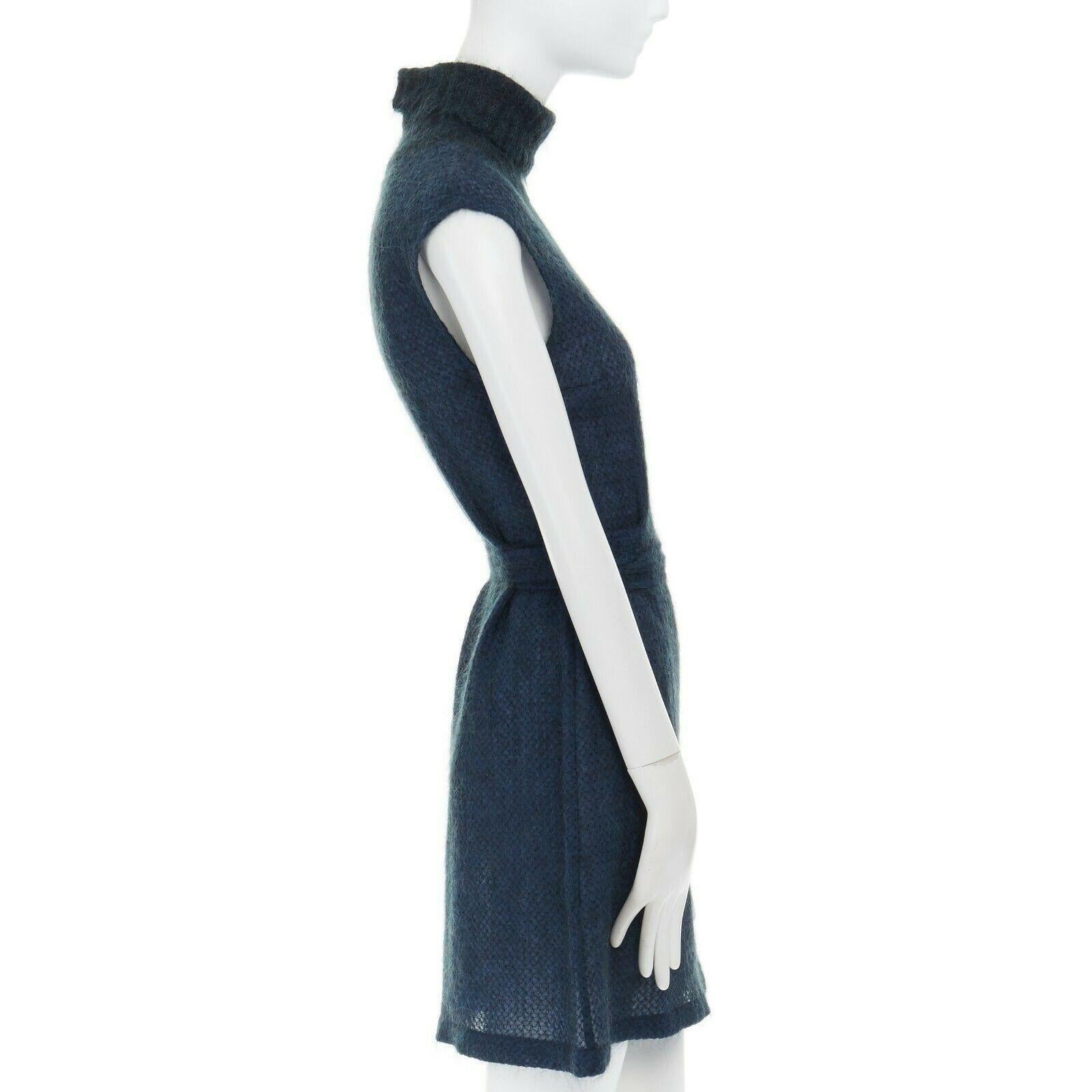 Women's DRIES VAN NOTEN blue mohair blend stitch belted sleeveless turtleneck dress FR38
