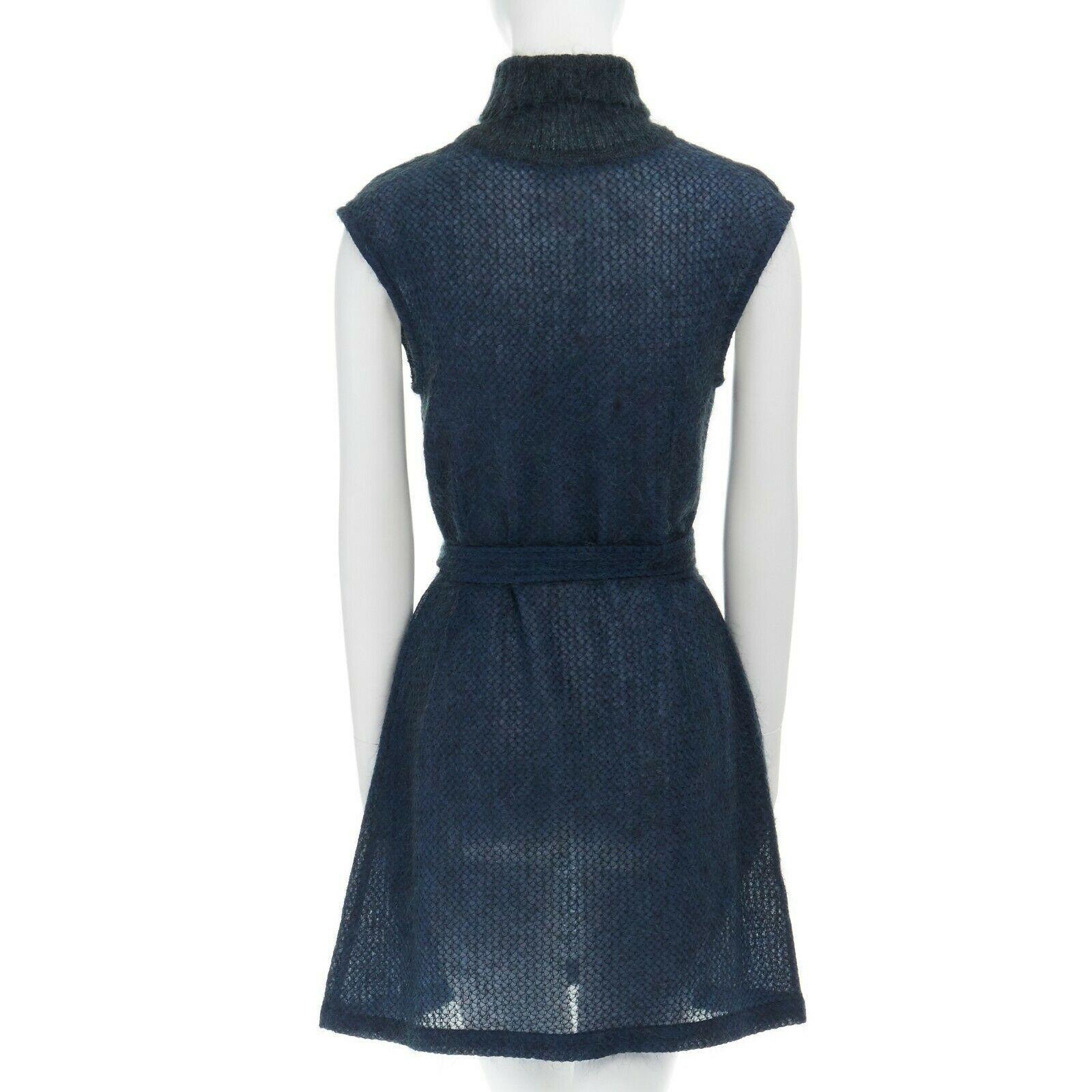 DRIES VAN NOTEN blue mohair blend stitch belted sleeveless turtleneck dress FR38 1